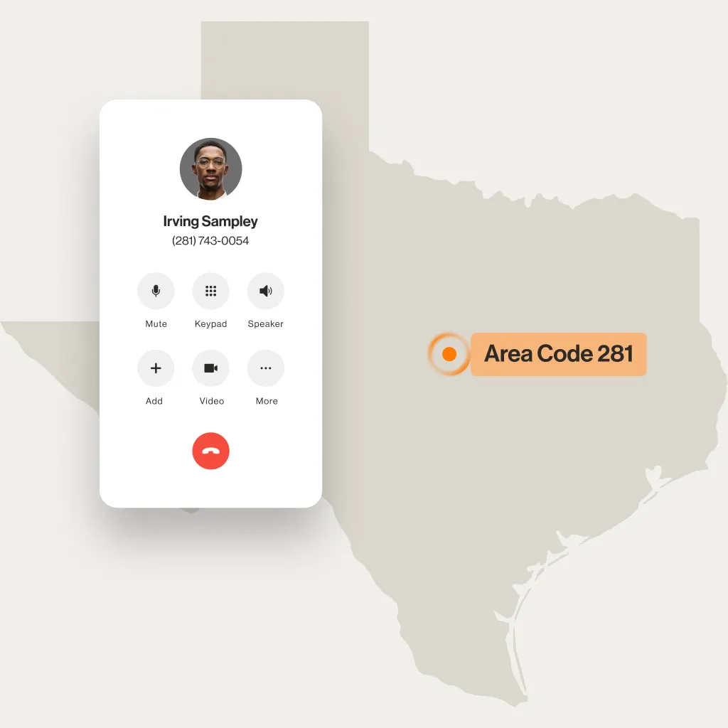 A contact displayed on the RingCentral dialpad over the Texas map