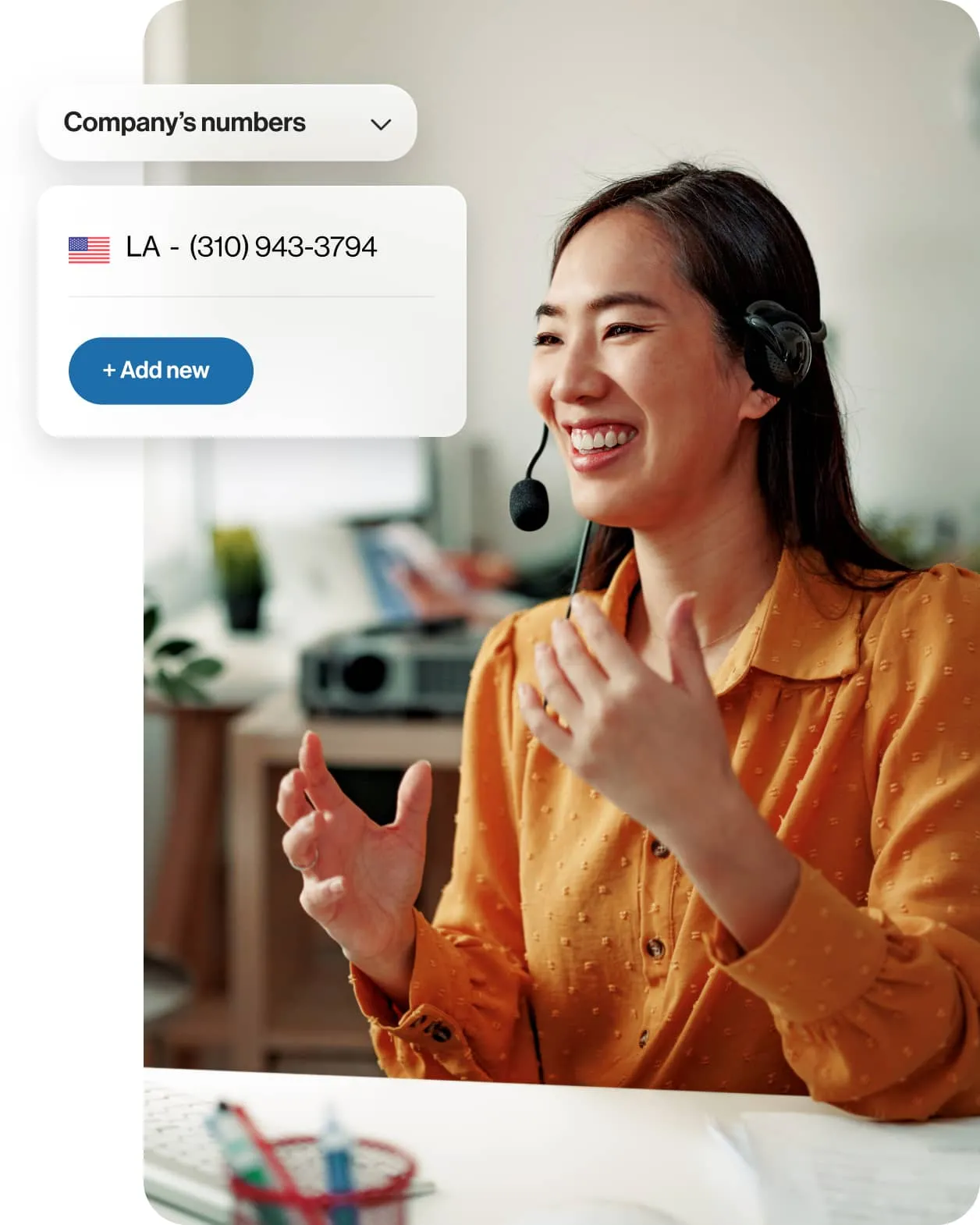 A female agent using a US business phone number on a phone call