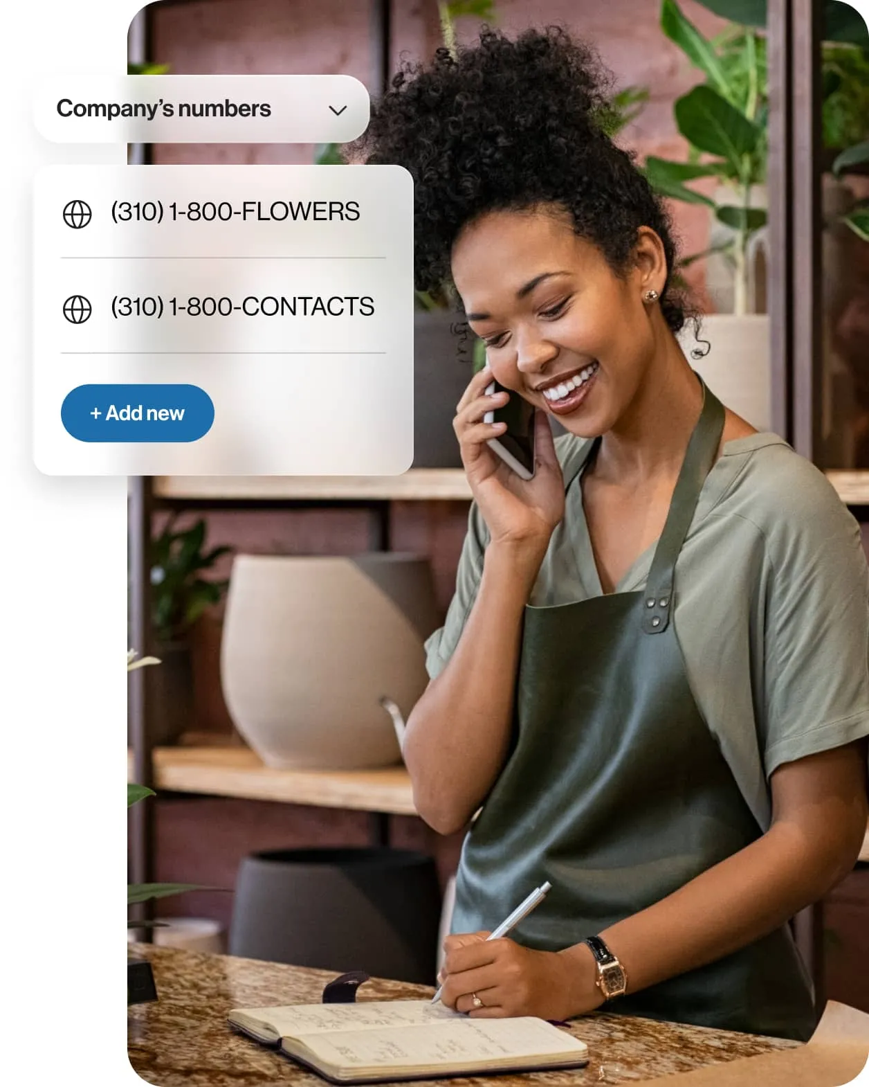 RingCentral vanity numbers used by a female working on a flowershop to accept calls