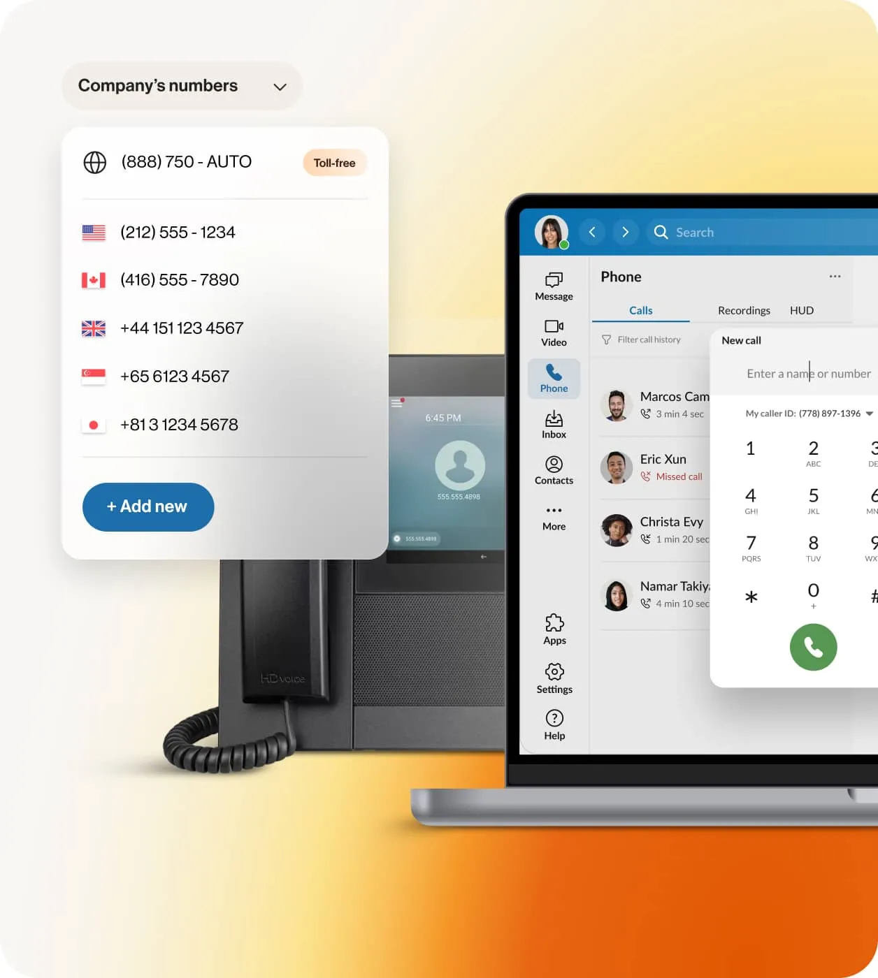 A list of a company's international business phone numbers with the RingCentral app open in a laptop and a deskphone