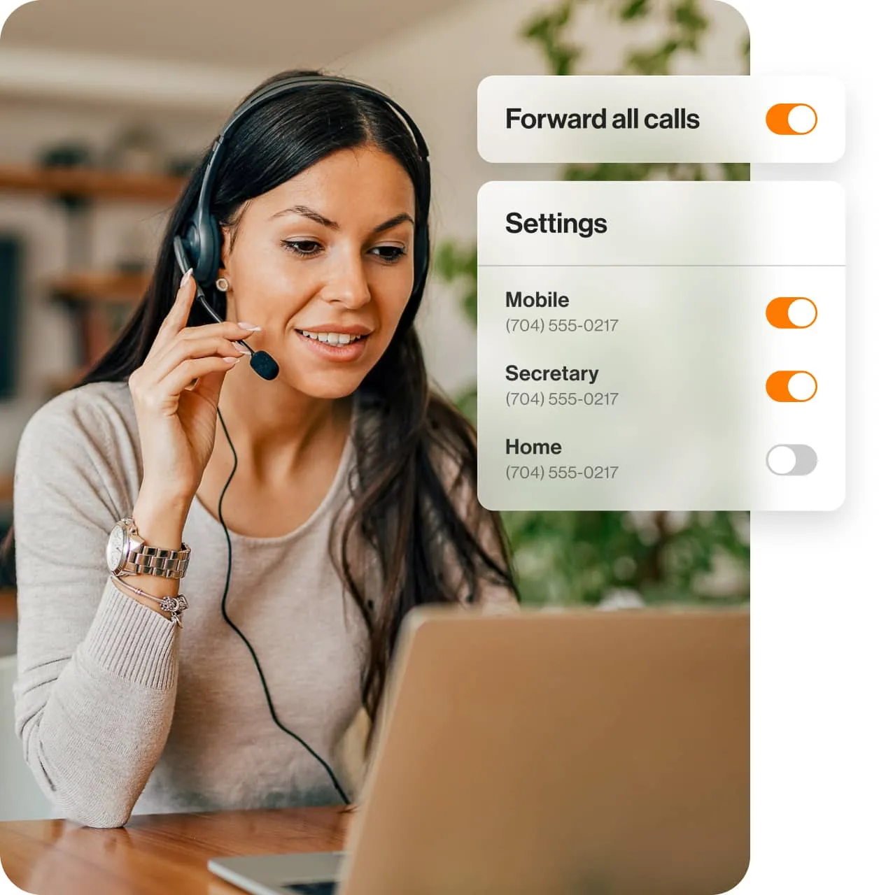 A female agent activating the call forwarding option of the RingCentral app