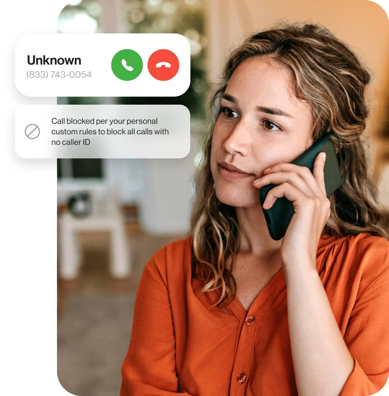 An insert of the call screening optin of the RingCentral mobile app and a woman on a phone call