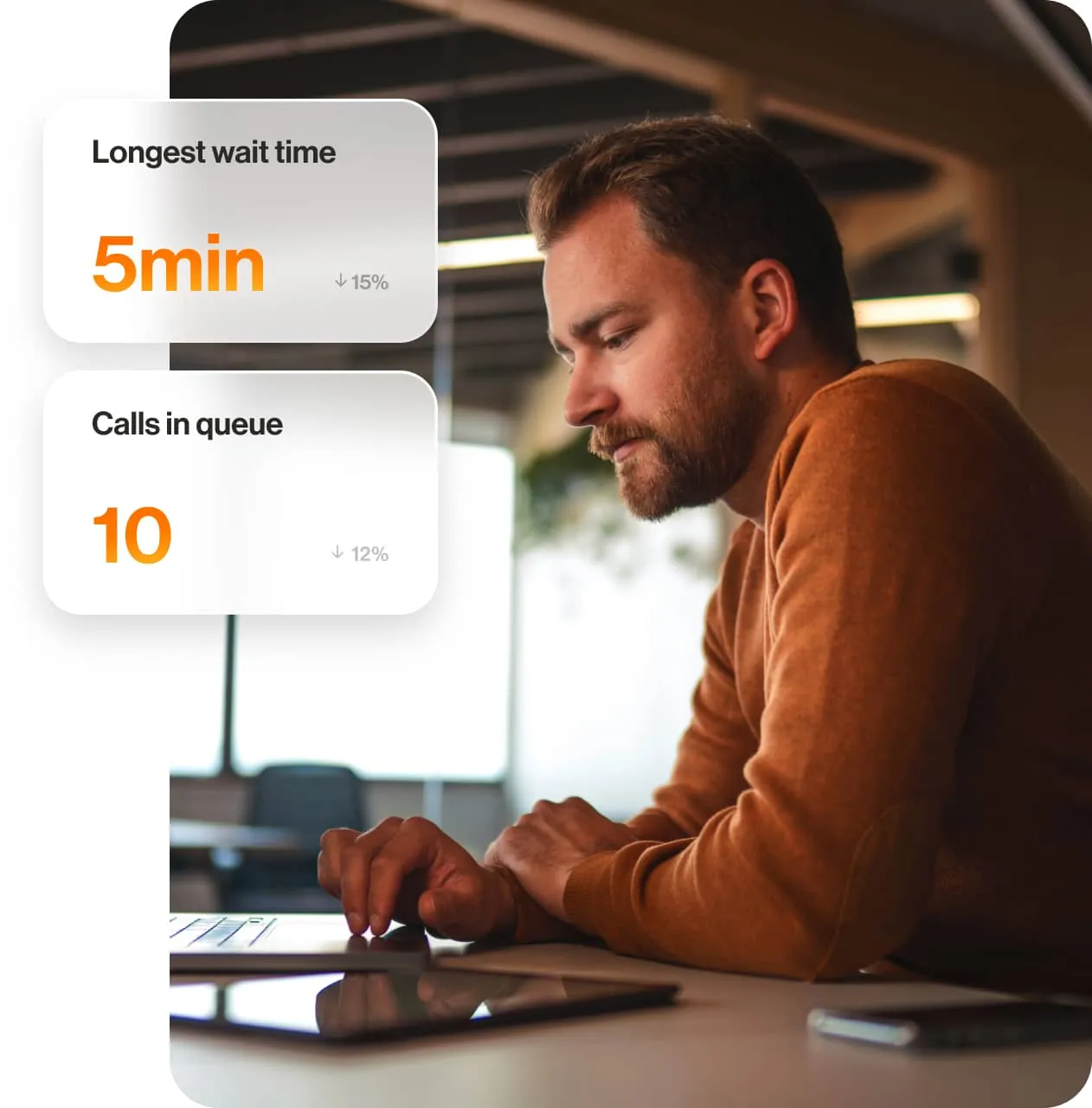 A man looking at his laptop with an insert of stats of longest wait time and calls in queue
