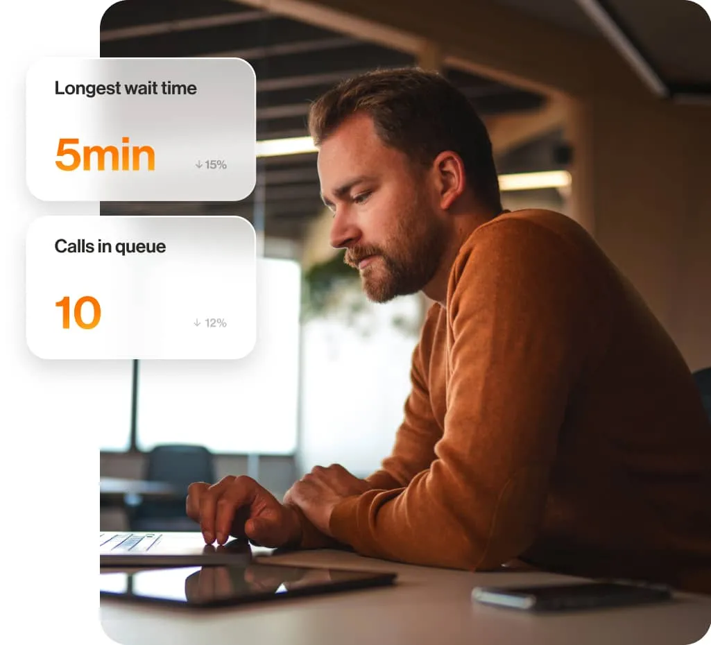 A man looking at his laptop with an insert of stats of longest wait time and calls in queue