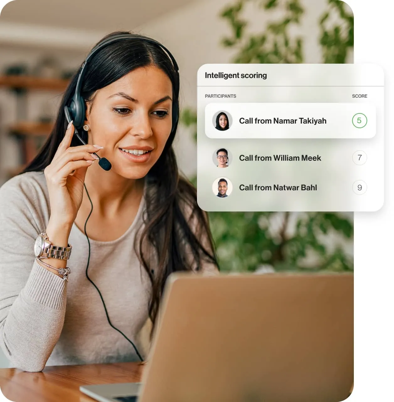 The intelligent scoring dashboard displayed while a female agent is engaged in a call