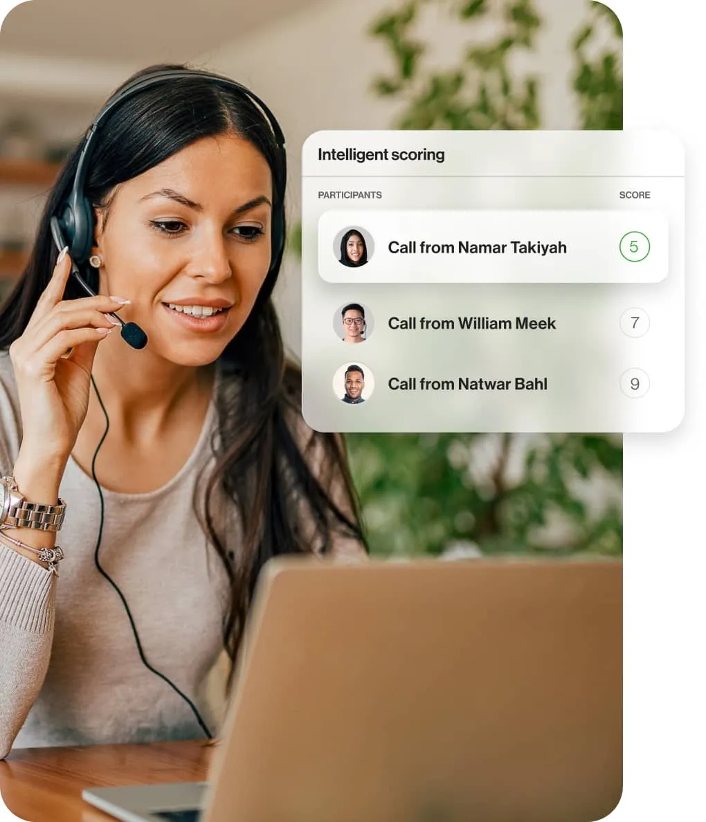 The intelligent scoring dashboard displayed while a female agent is engaged in a call