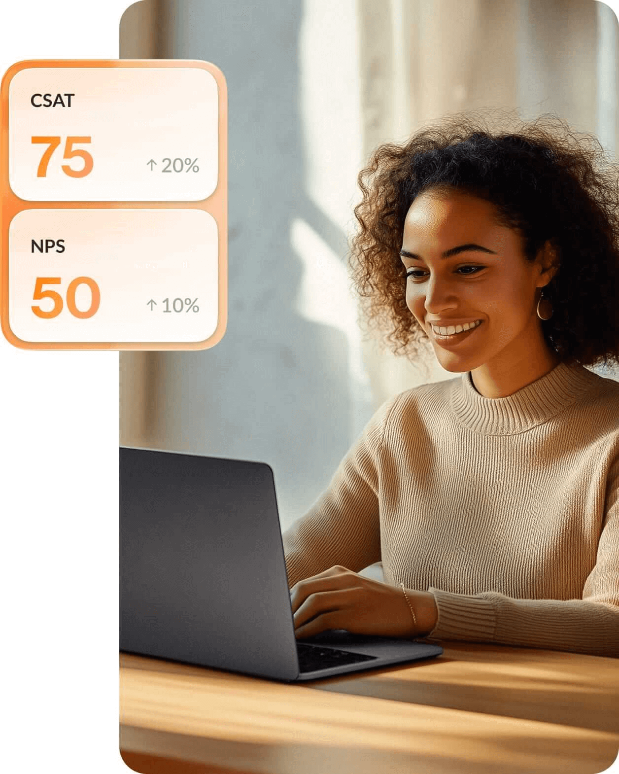 A smiling contact center agent looking at her CSAT and NPS score