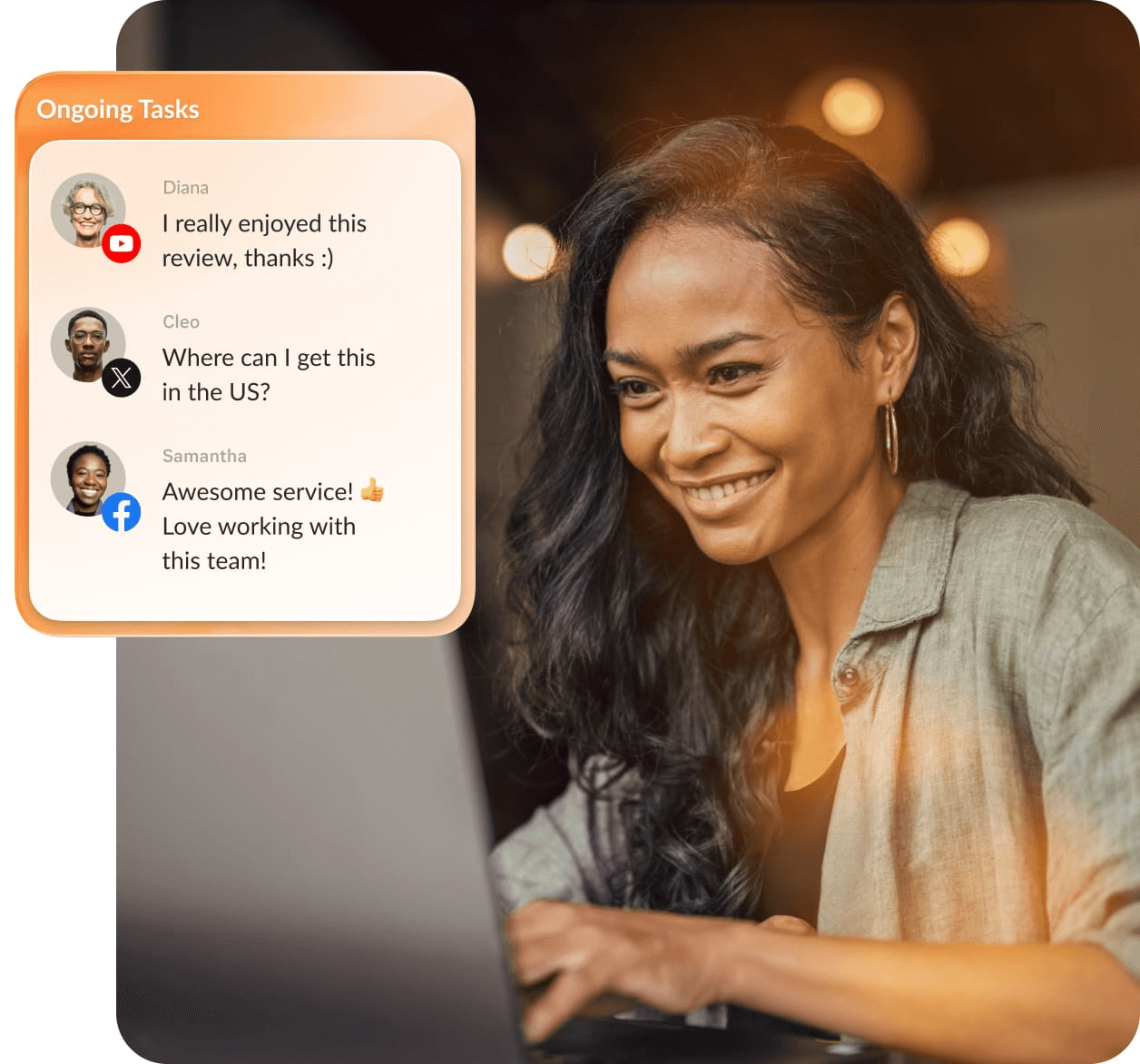A female contact center agent with ongoing social media channel tasks