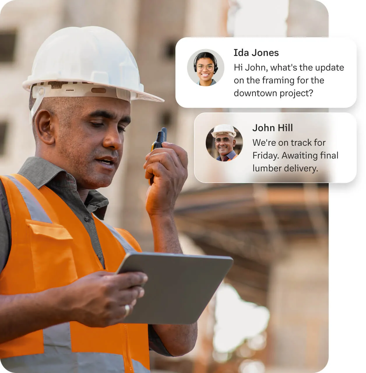 A construction site supervisor reports an update on framing to a female manager via the RingCentral Push to Talk feature on his mobile phone