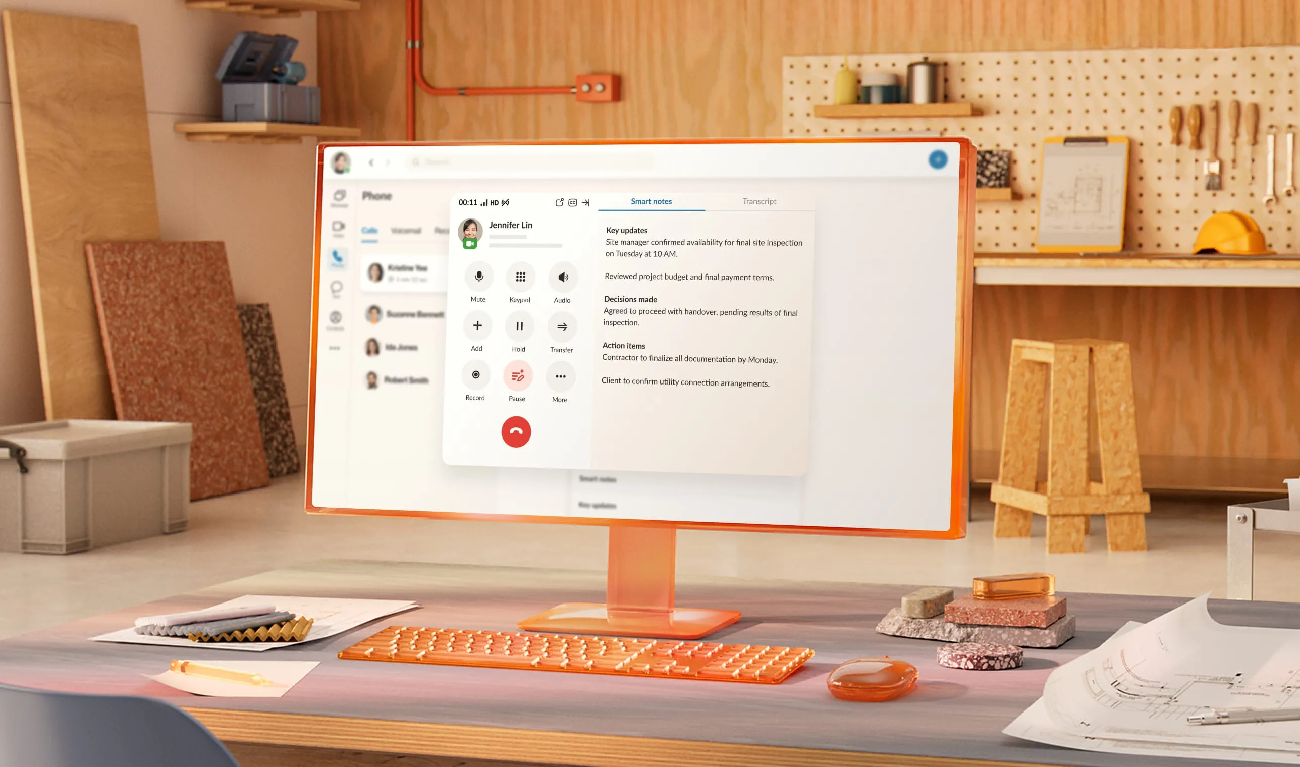AI Notes feature in the RingCentral app capturing key points from a video meeting on cloud-based logistics management.