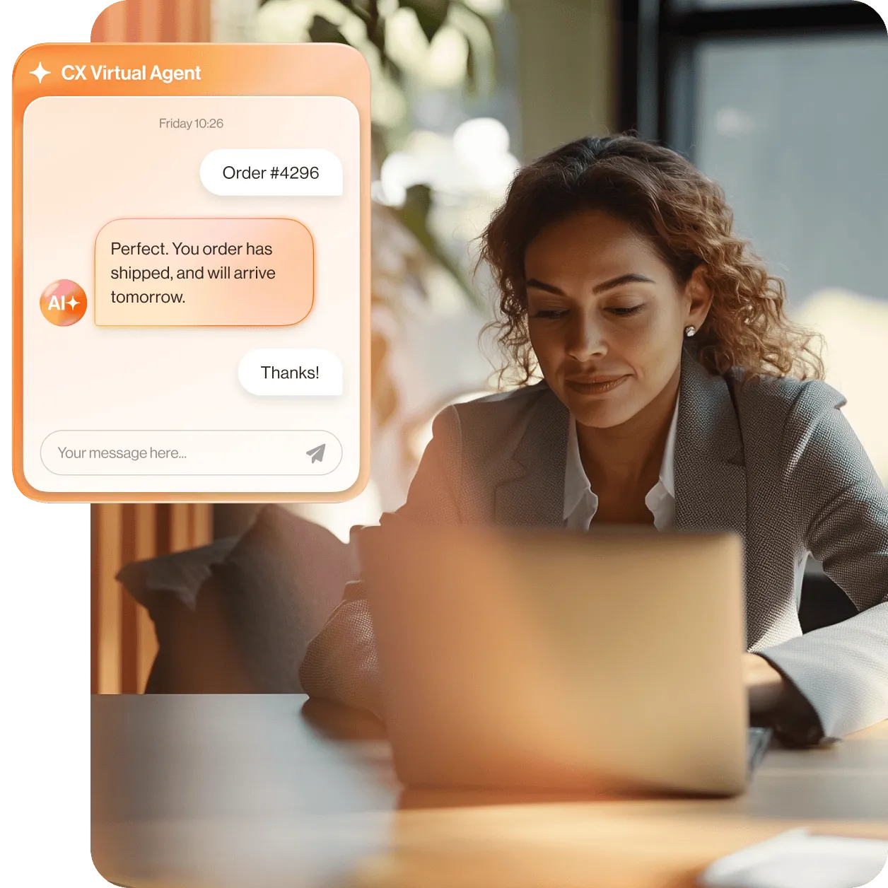 Eine Kundin nutzt ihr Smartphone für einen Chat mit einem intelligenten virtuellen Agenten in RingCentral RingCX.