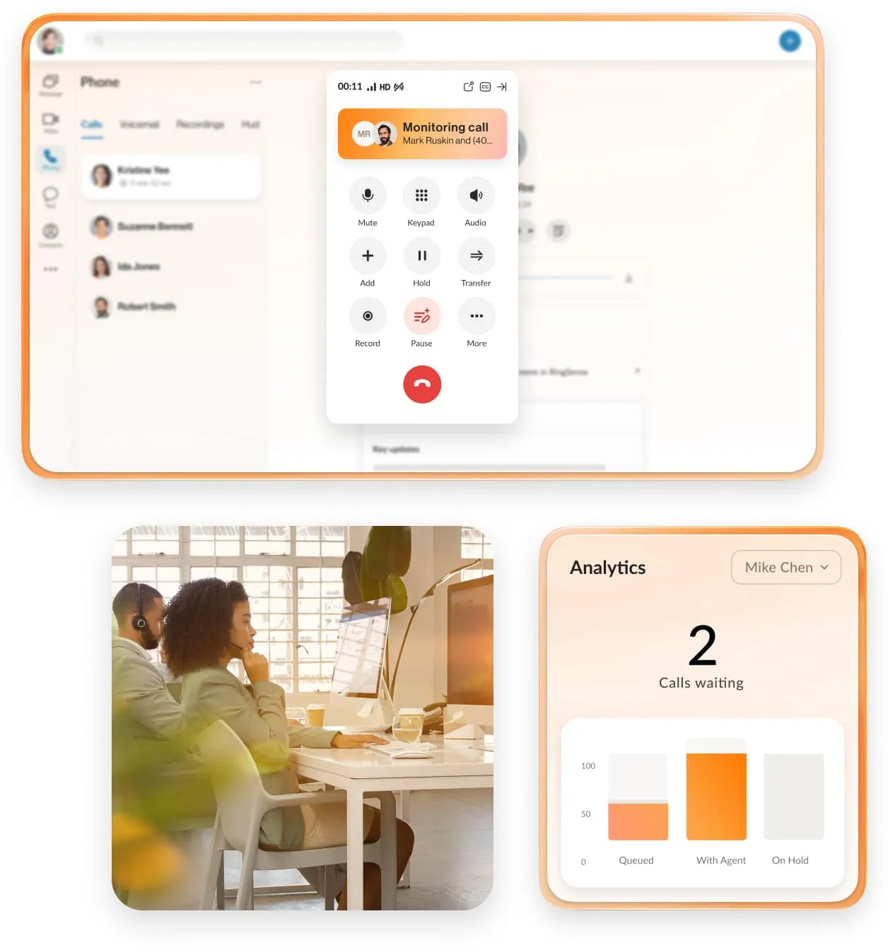 An image showing RingCentral's call monitoring and analytics feature on desktop app