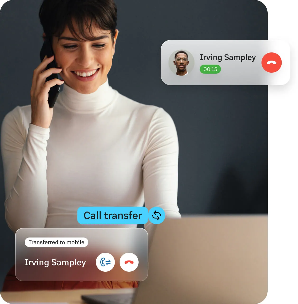 A woman transferring a client's phone call from her laptop to her mobile phone via the RingCentral app