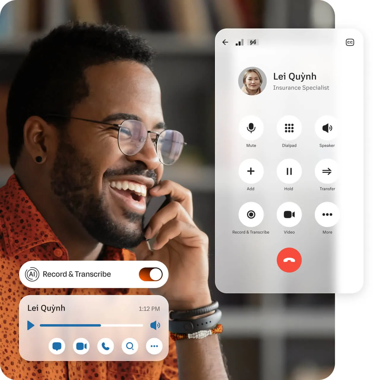 An active phone call between a man and a woman via the the RingCentral mobile app with an active Record & Transcribe function in use