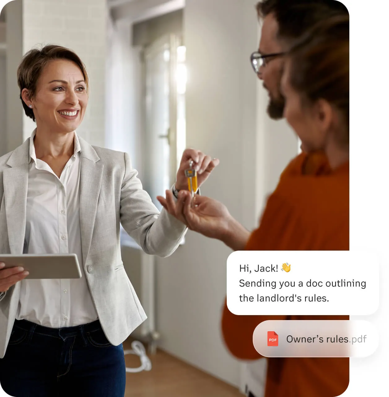 A female realtor hands over a key to a man after sending the Landlord's rules document via the RingCentral app on her tablet