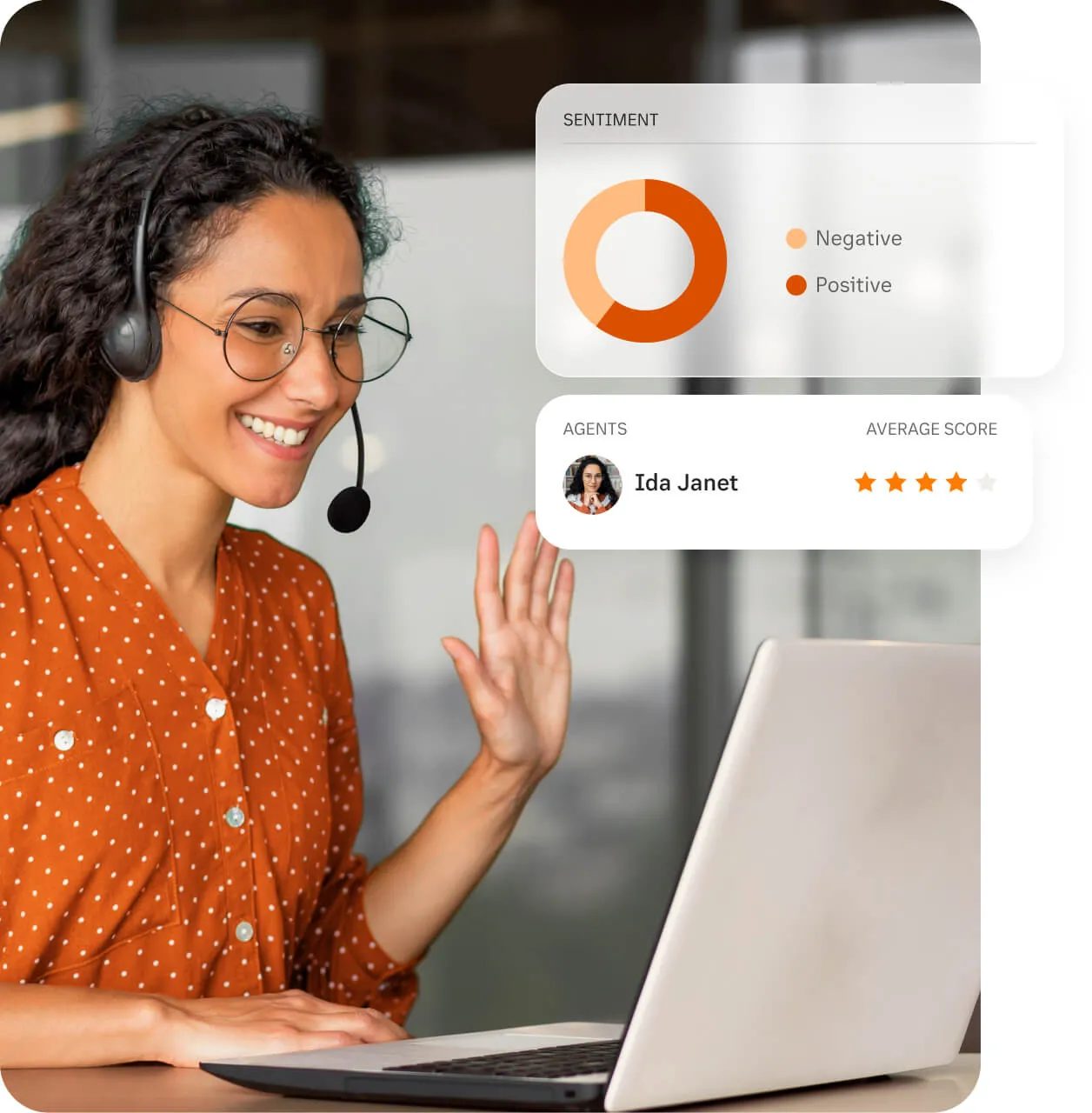 An agent waving in front of a laptop with an insert of RingCentral app's Sentiment Analysis feature