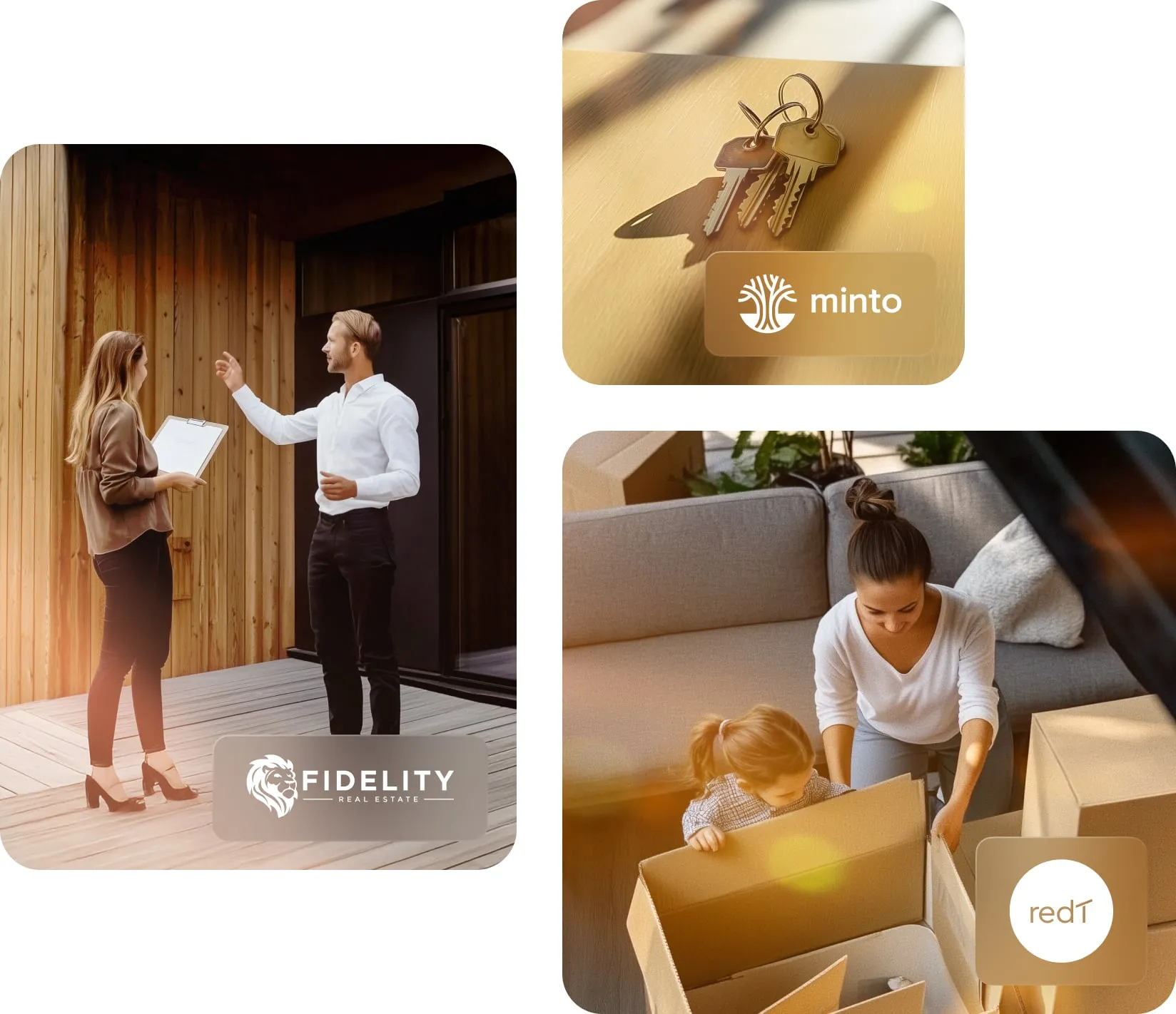 Image 1: House keys lying on a table Image 2: An overhead shot of a child and her mother unpacking a box Image 3: A real estate agent gestures at a home while speaking to a client