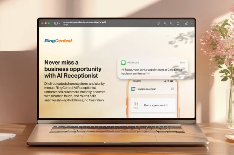 Laptop showing an infographic on opportunities of using AI Receptionist