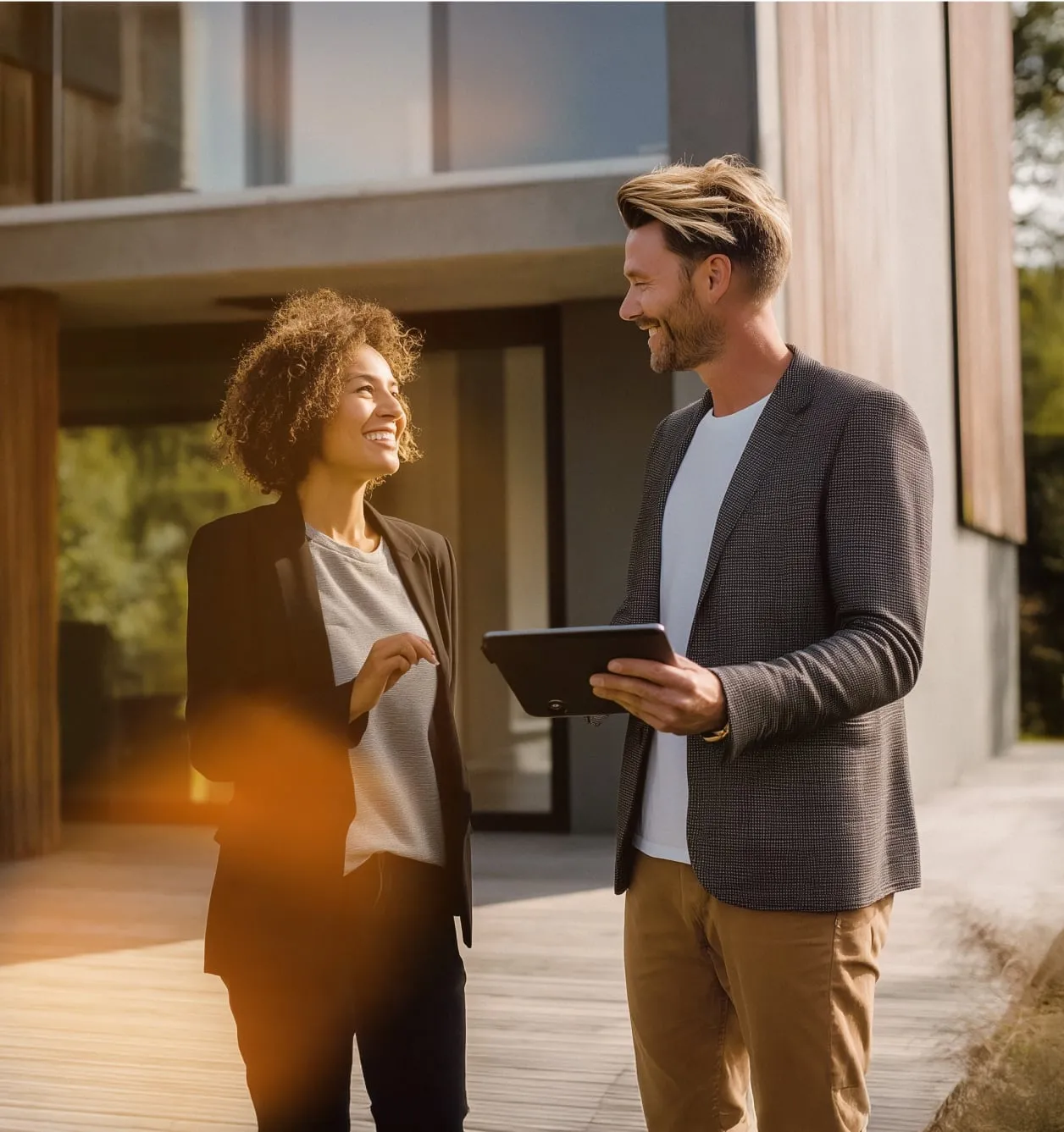 A realtor speaks to a client outside a home while holding a tablet.
