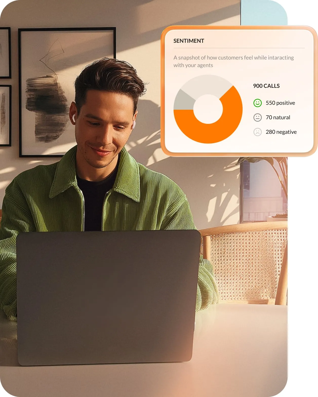 A man is smiling while using on a laptop while an inset shows sentiment score for his team.