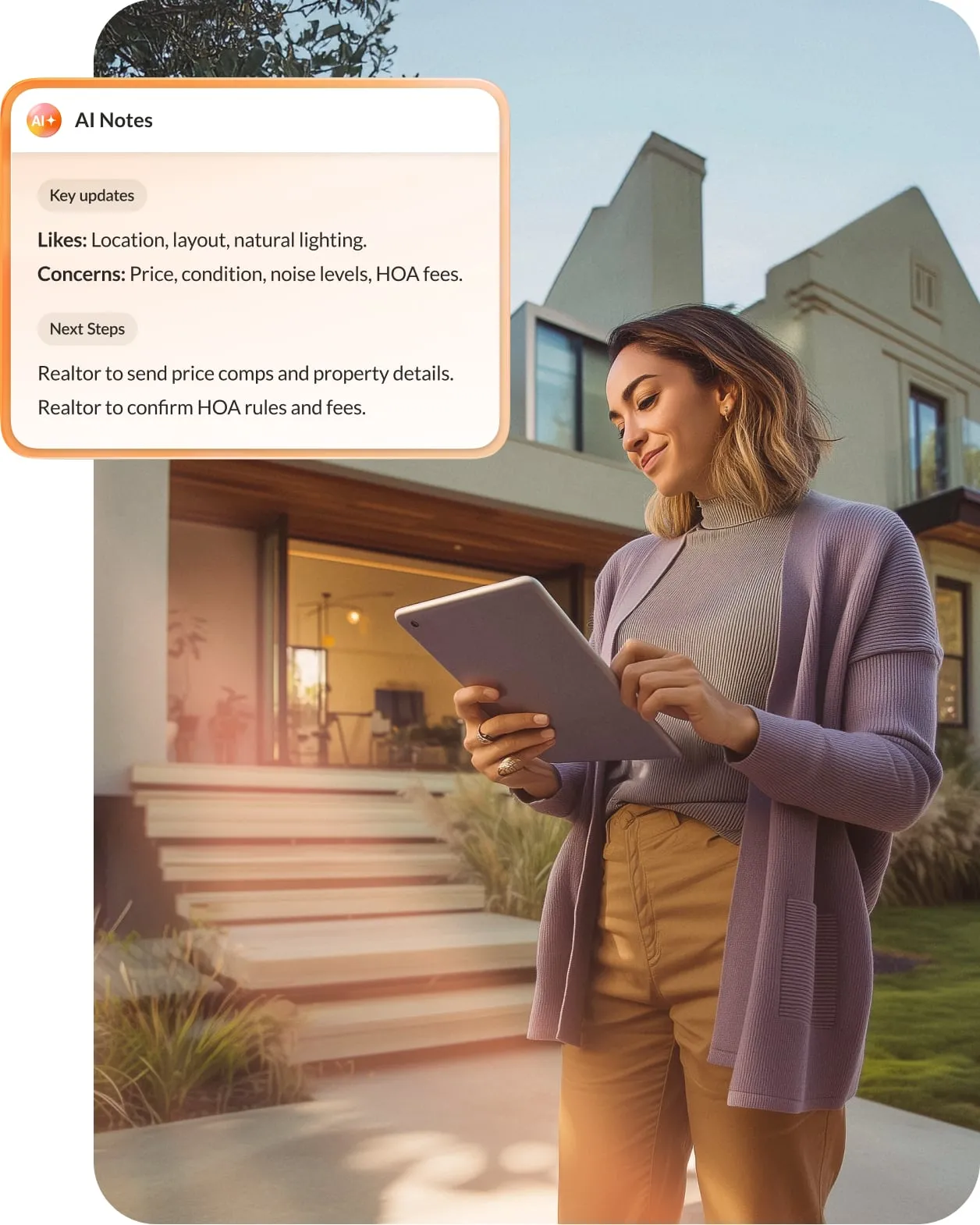 A real estate agent is holding a tablet and reviewing AI Notes regarding a home.