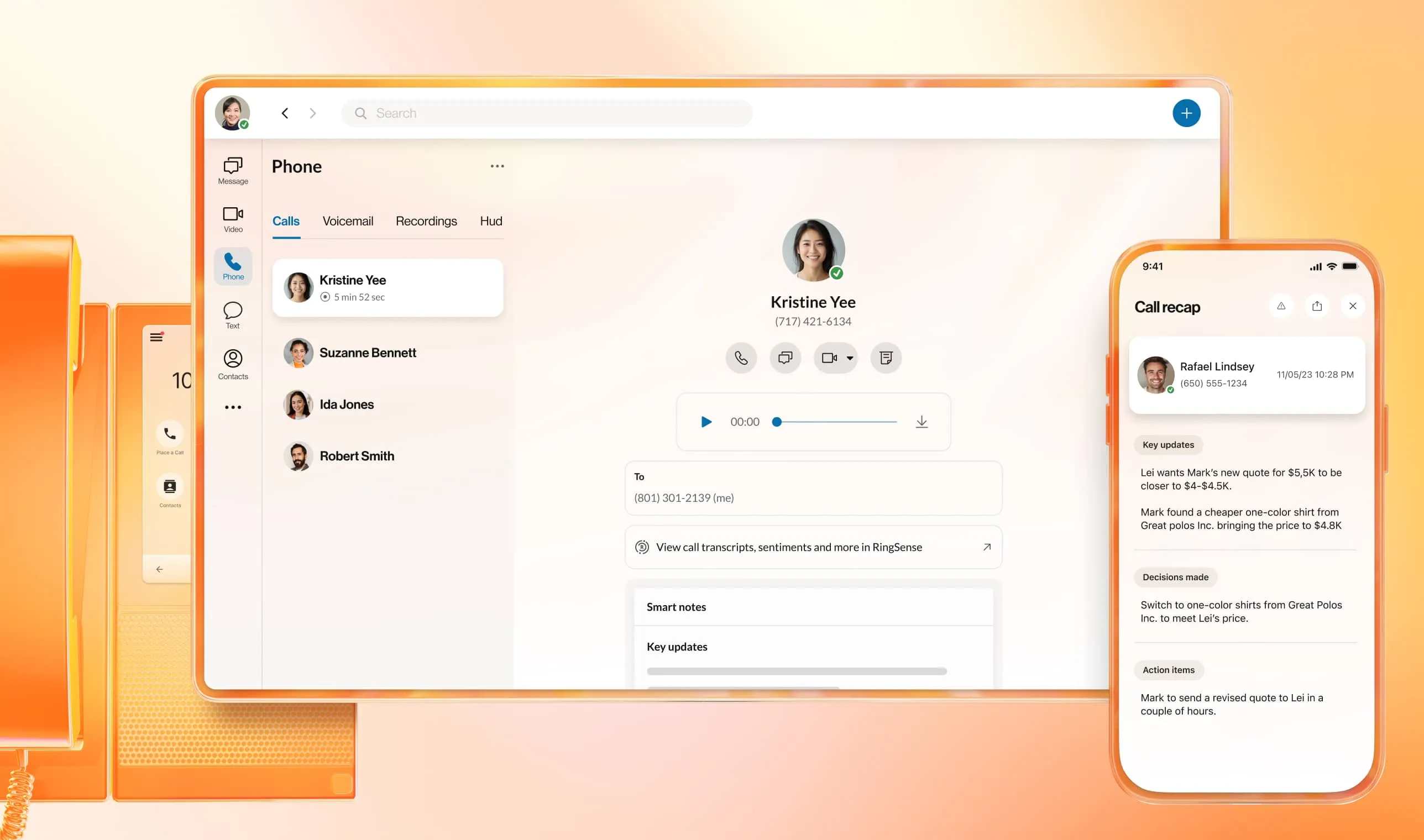 Call recap feature displayed on RingCentral RingEX™ desktop and mobile app