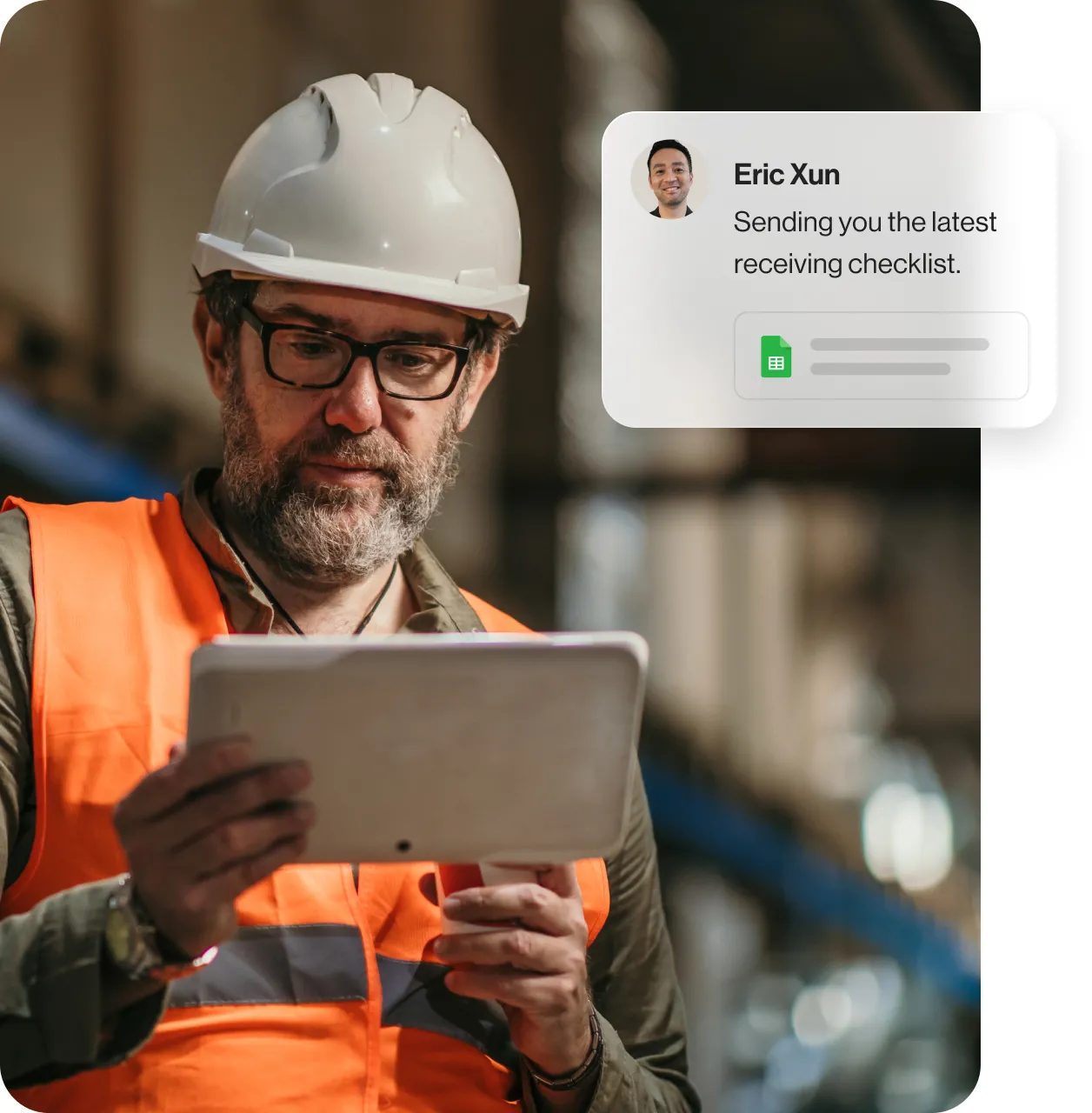 A man sends a document to a warehouse personnel via the RingCentral app on his tablet