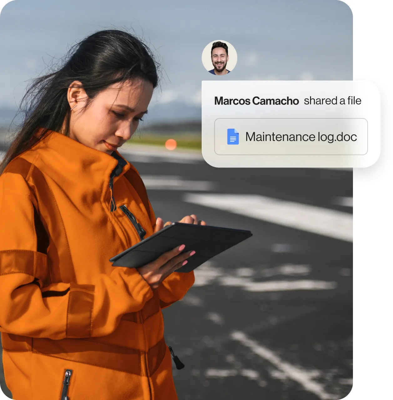 A female logistics personnel receives a maintenance log file via the RingCentral app on her tablet