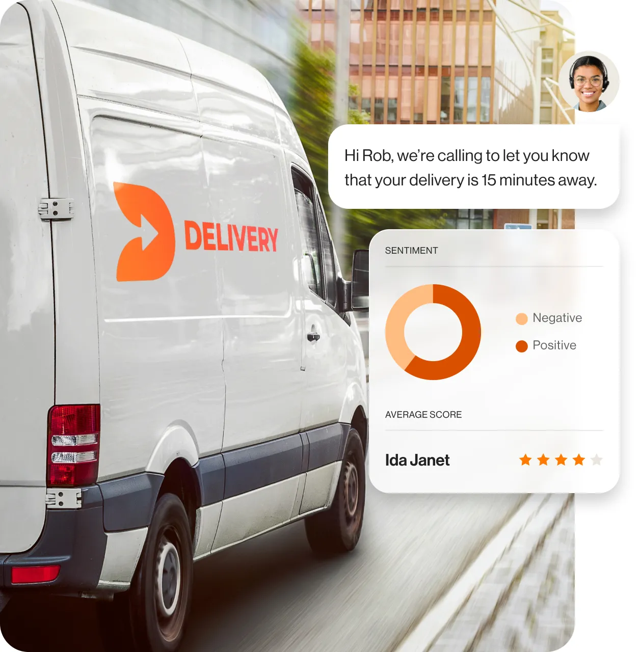 A delivery van on the road with an insert of an agent updating a client regarding the status of a delivery via the RingCentral app