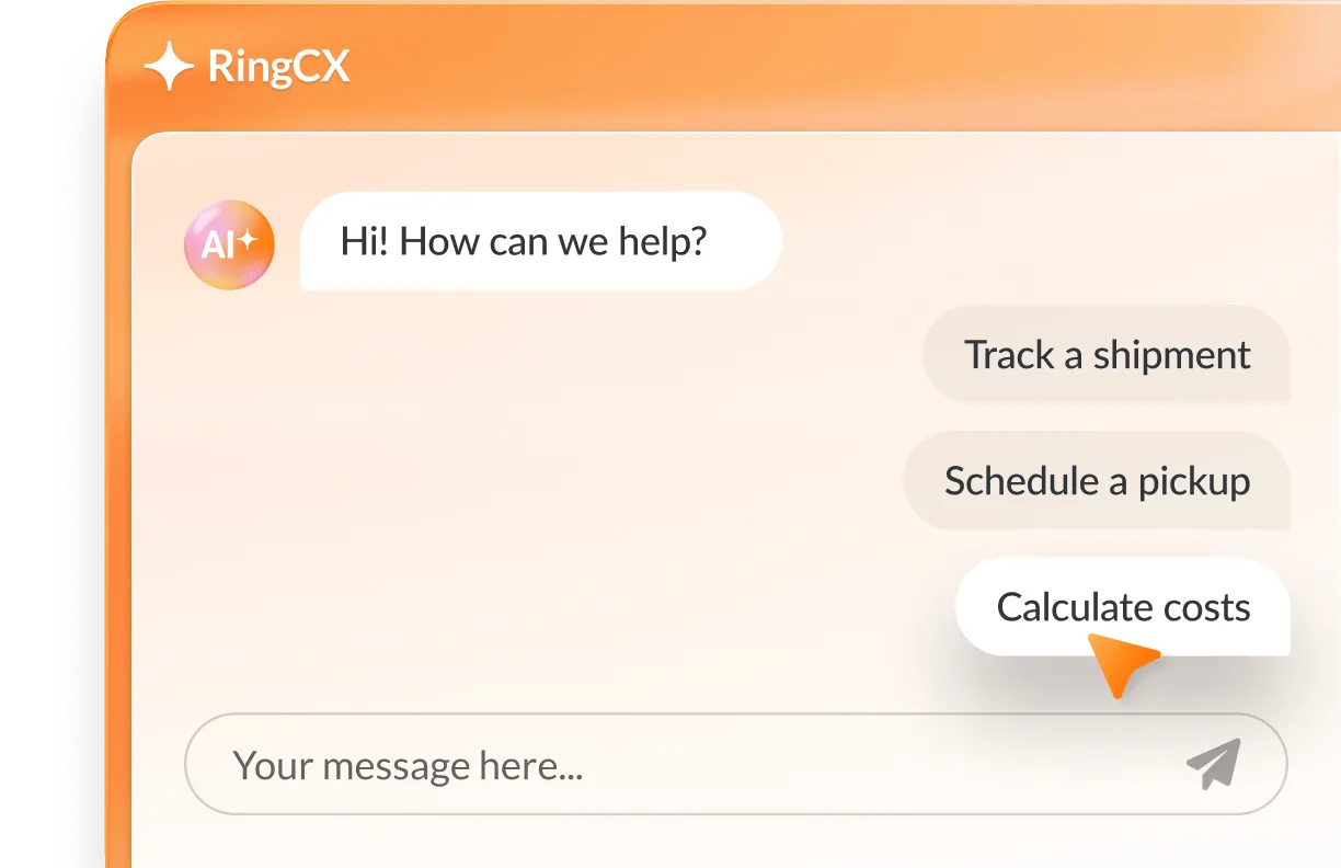 RingCX intelligent virtual agent (IVA) providing shipment cost calculations for a customer.