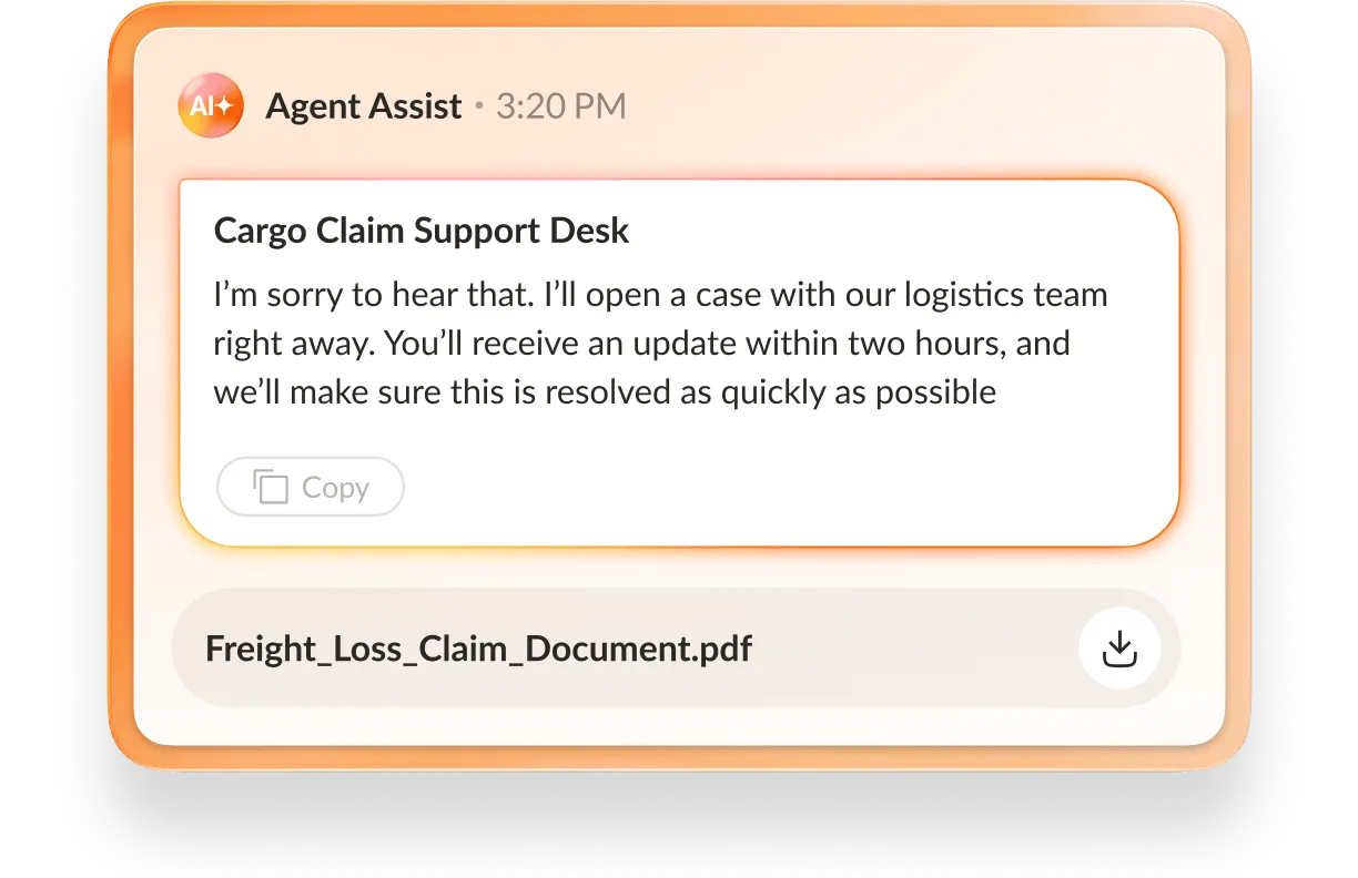 Agent using RingCX Agent Assist to handle a freight loss claim.