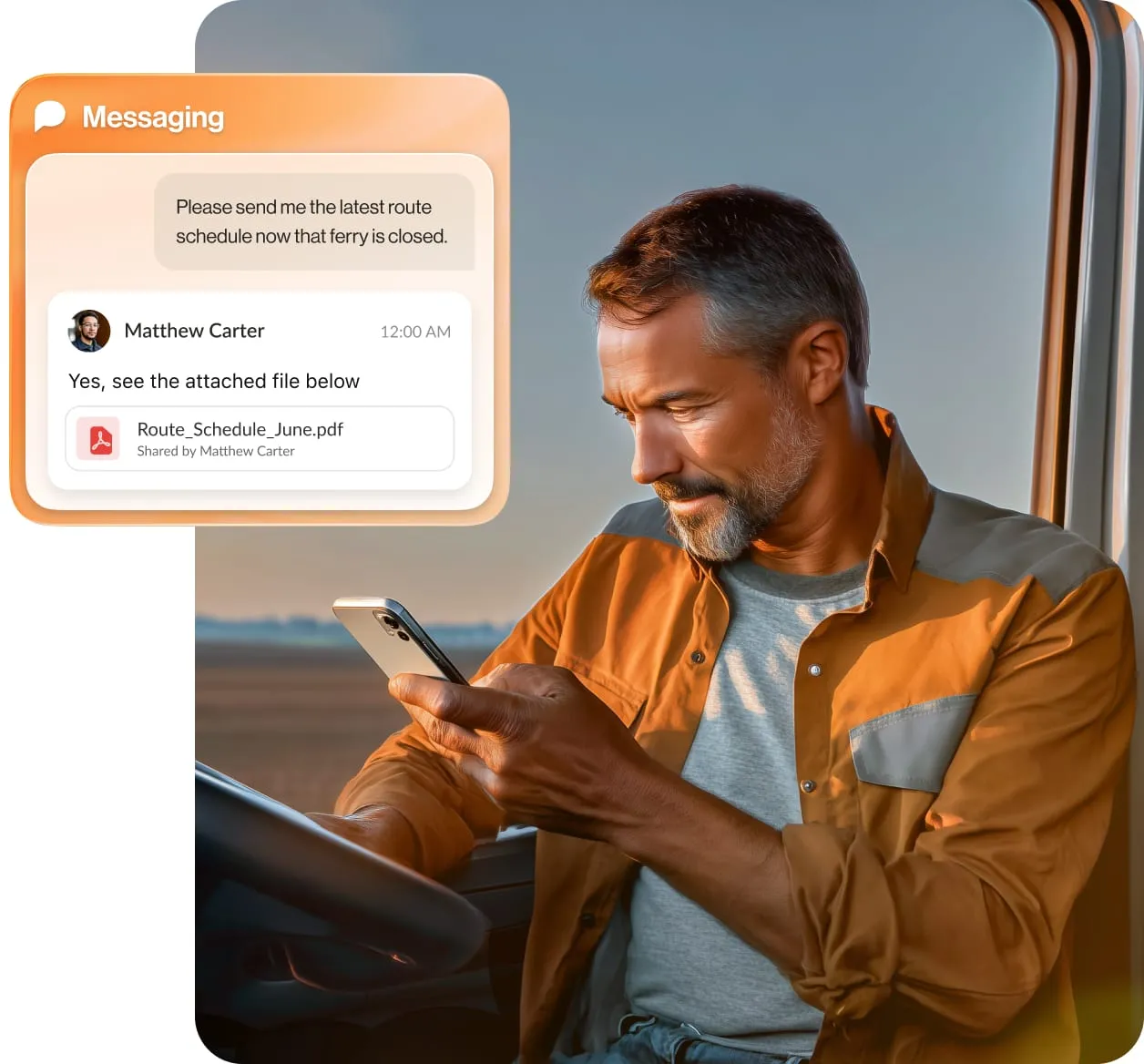 Truck driver sending a message through the RingCentral mobile app to request the updated route schedule.