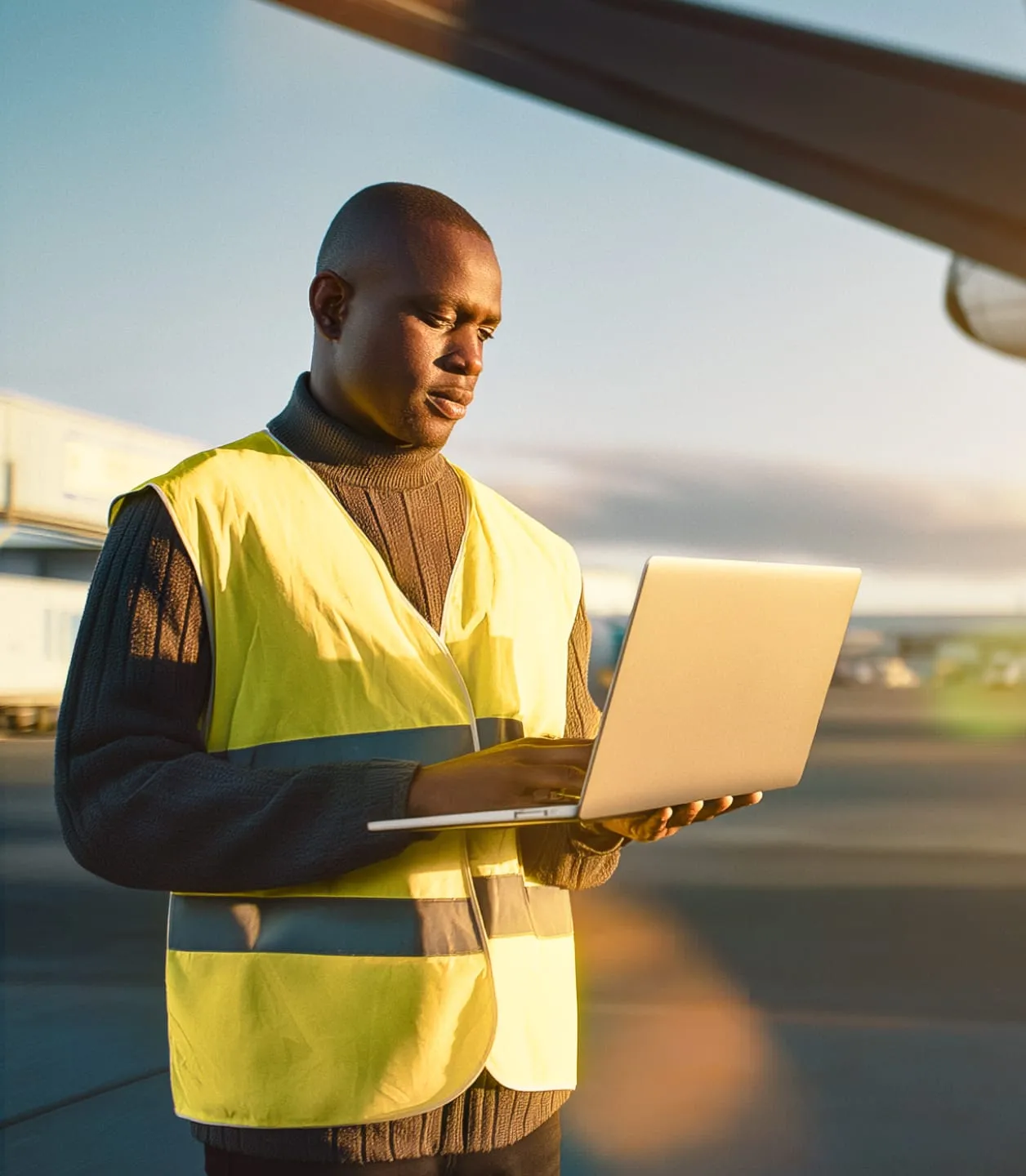 Airline staff member checking notifications on the RingCentral app using a laptop.