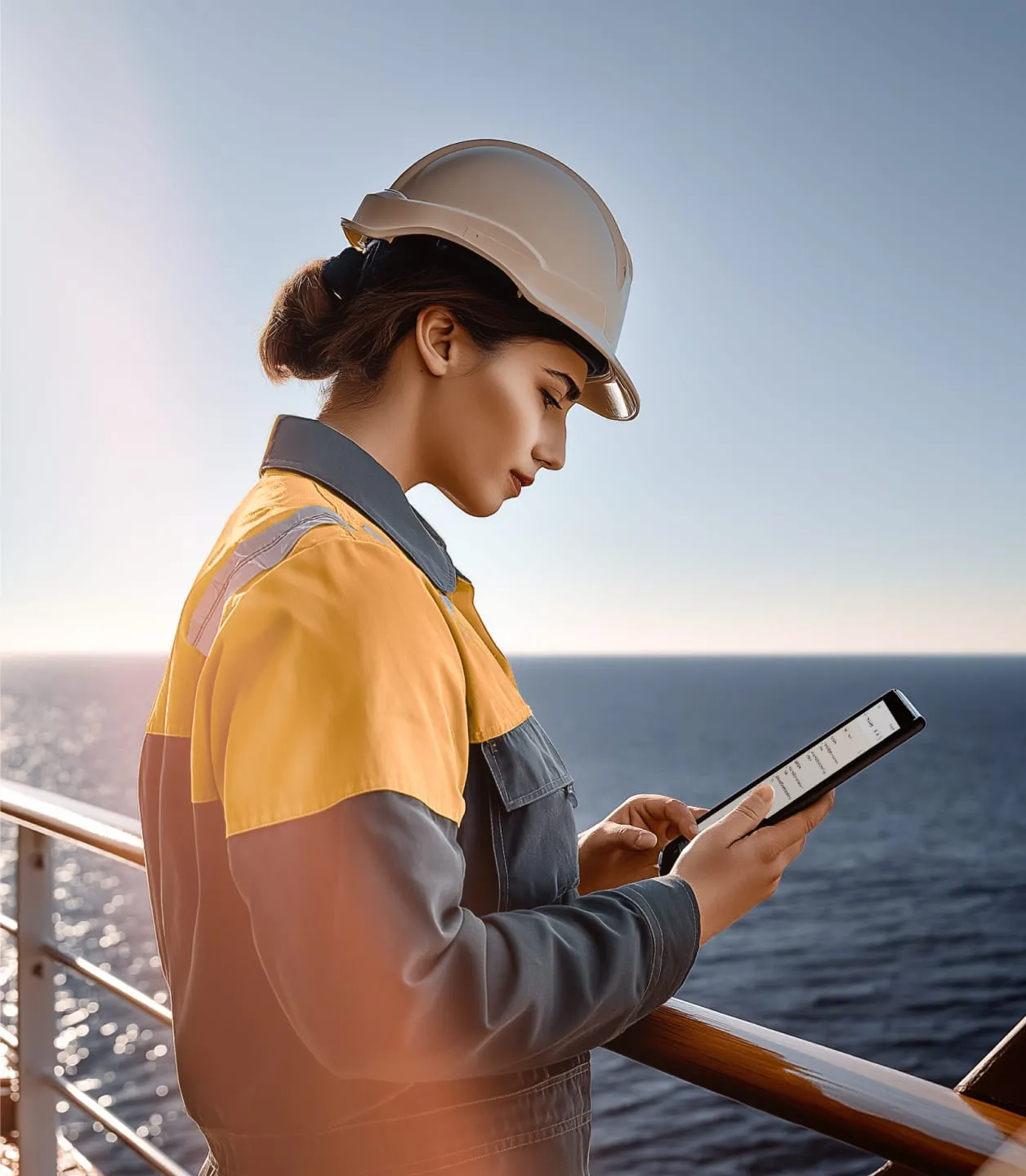 Logistics staff checking marine shipment status on the RingCentral app on a tablet.