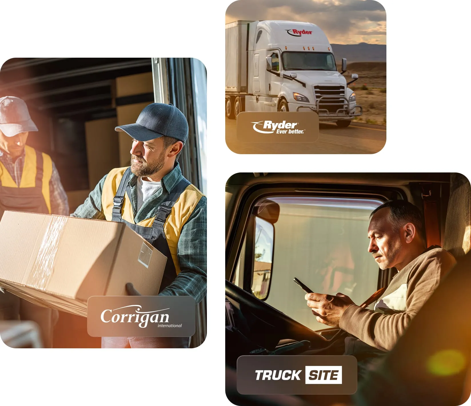 Collage of three RingCentral customer story: Ryder, Corrigan, Truck Site