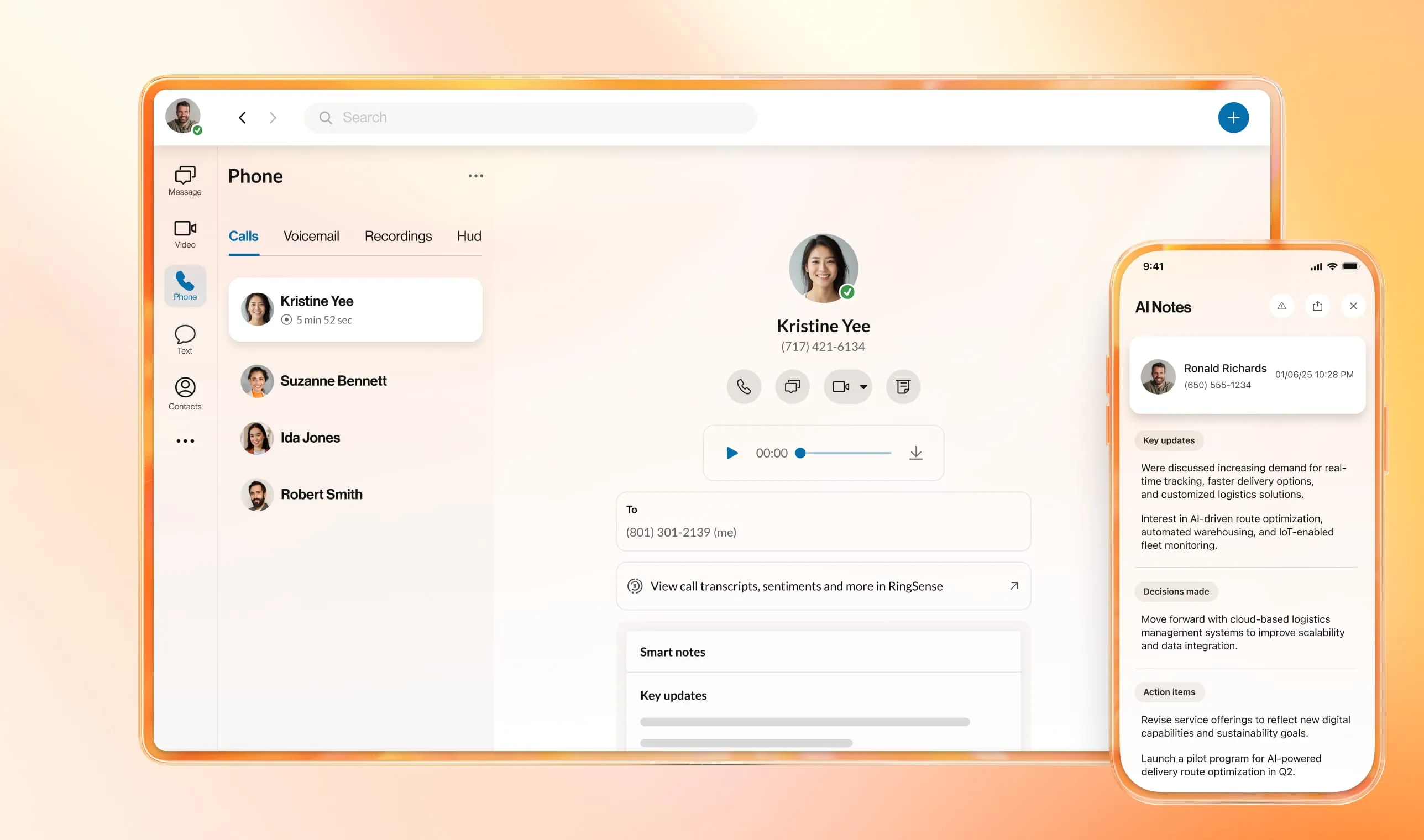 AI Notes feature in the RingCentral app capturing key points from a video meeting on cloud-based logistics management.