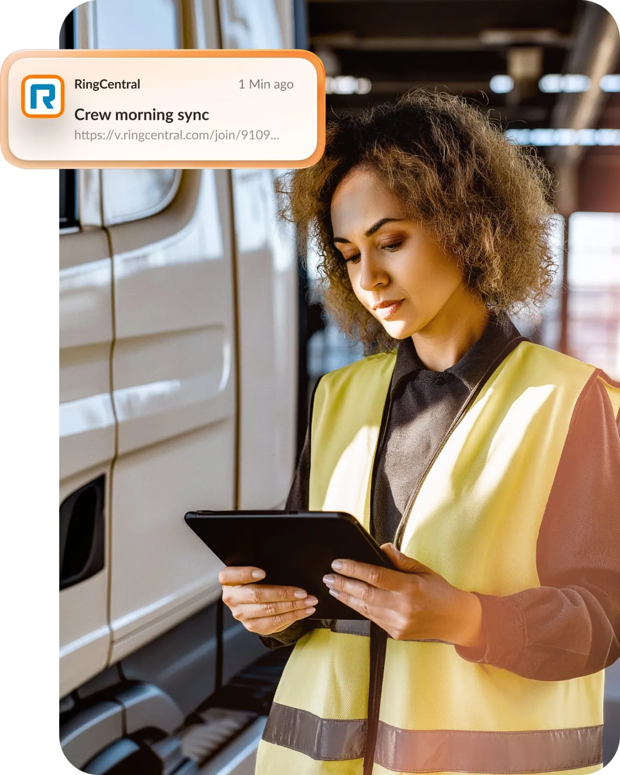 Team member gets a pop-up RingCentral meeting notification on a tablet device.