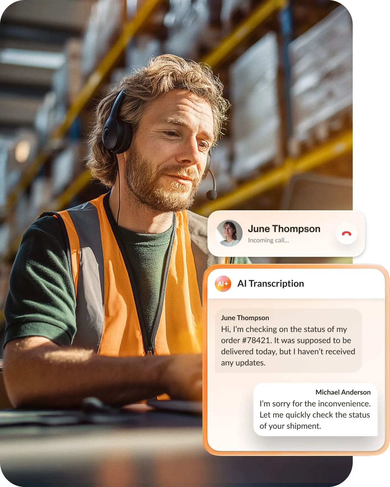 Customer support staff enabling RingCentral’s AI transcription feature during a phone call.