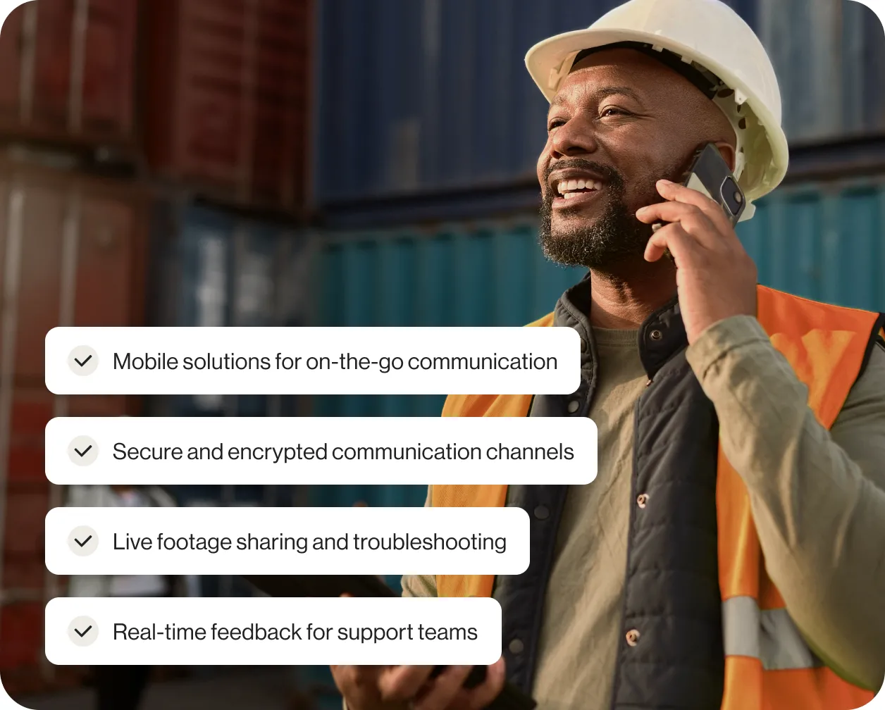 A male freight engineer on a phone call with an insert of a list of benefits of using RingCentral