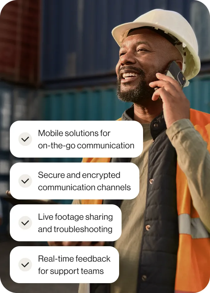 A male freight engineer on a phone call with an insert of a list of benefits of using RingCentral