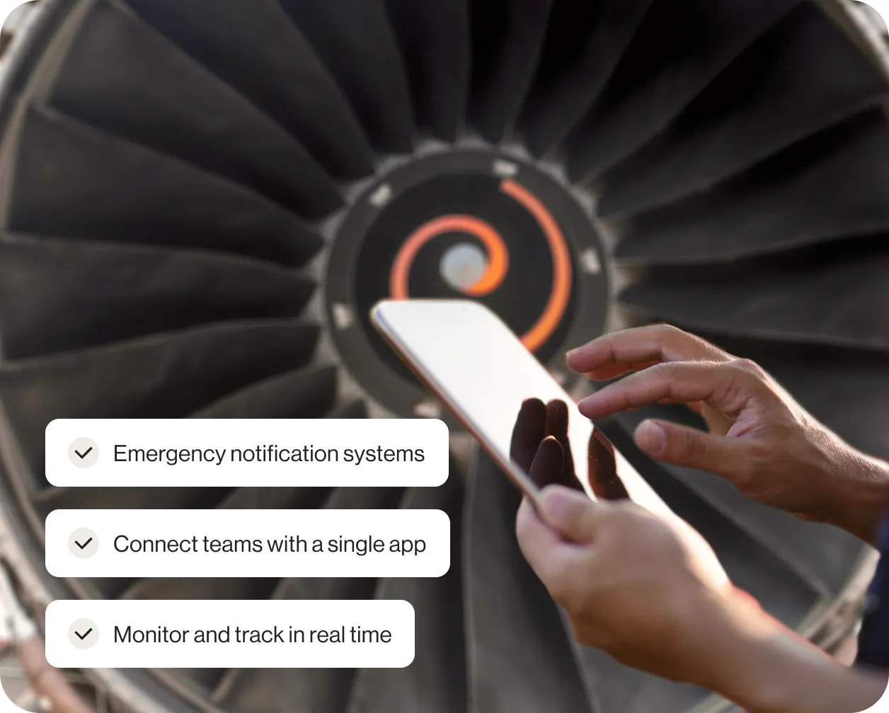 Hands in front of a jet engine holding a phone with an insert of a list of benefits of using RingCentral for airlines and airports