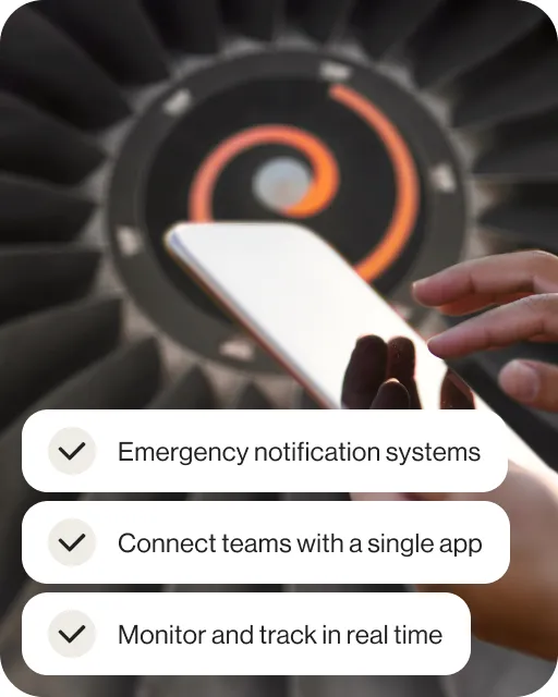 Hands in front of a jet engine holding a phone with an insert of a list of benefits of using RingCentral for airlines and airports