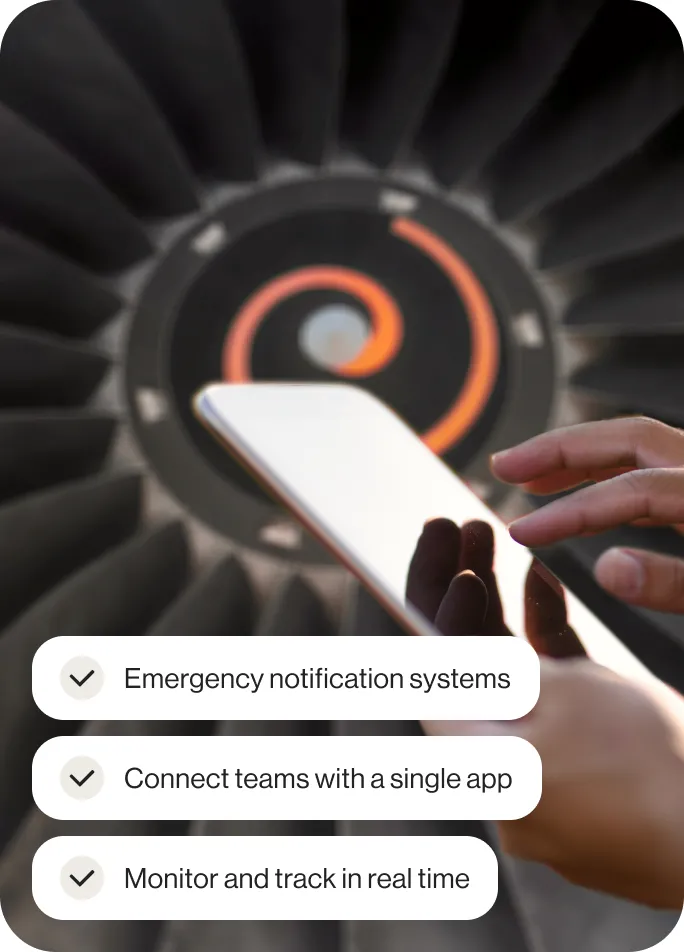 Hands in front of a jet engine holding a phone with an insert of a list of benefits of using RingCentral for airlines and airports