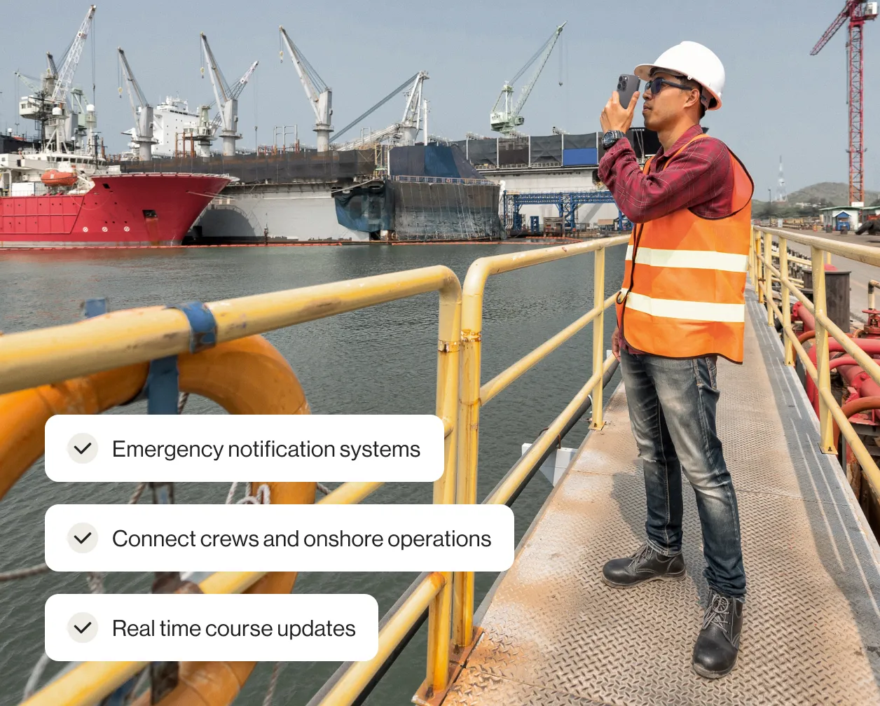 A marine personnel taking a video on a dock and reporting it via the RingCentral app, with an insert of a list of benefits using the RingCentral app