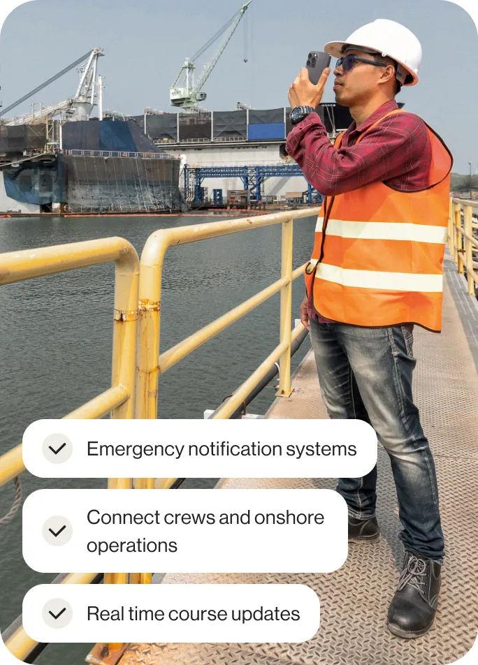 A marine personnel taking a video on a dock and reporting it via the RingCentral app, with an insert of a list of benefits using the RingCentral app