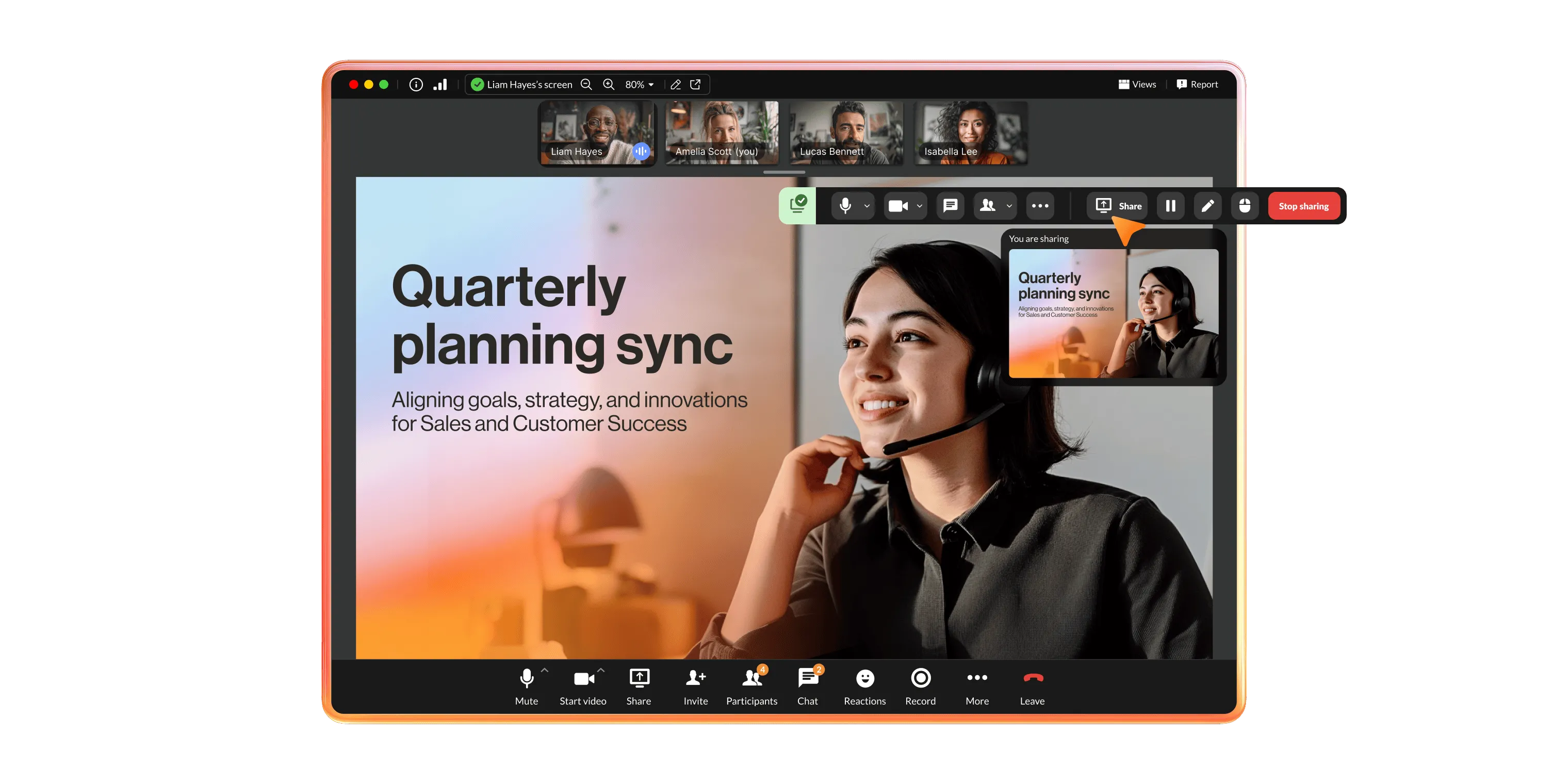 RingCentral video meeting with floating emojis, sidebar, and notifications.