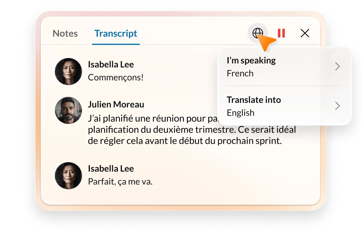 RingCentral web app with transcript and translation options.