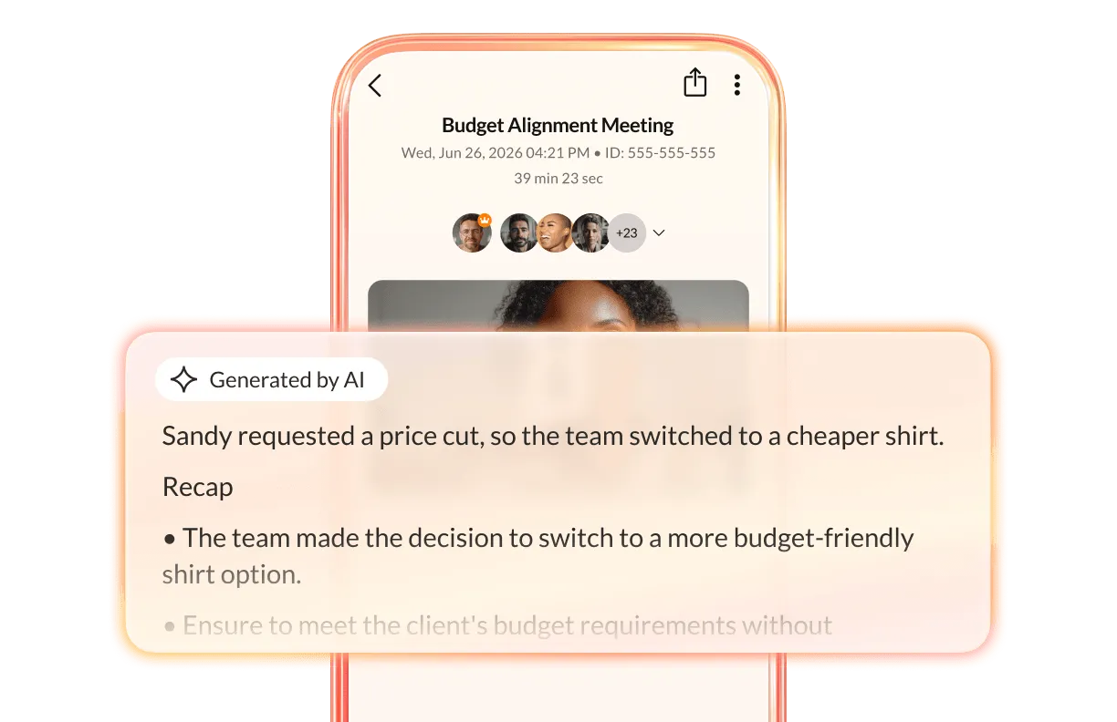 RingCentral phone interface showing AI-generated meeting summary.