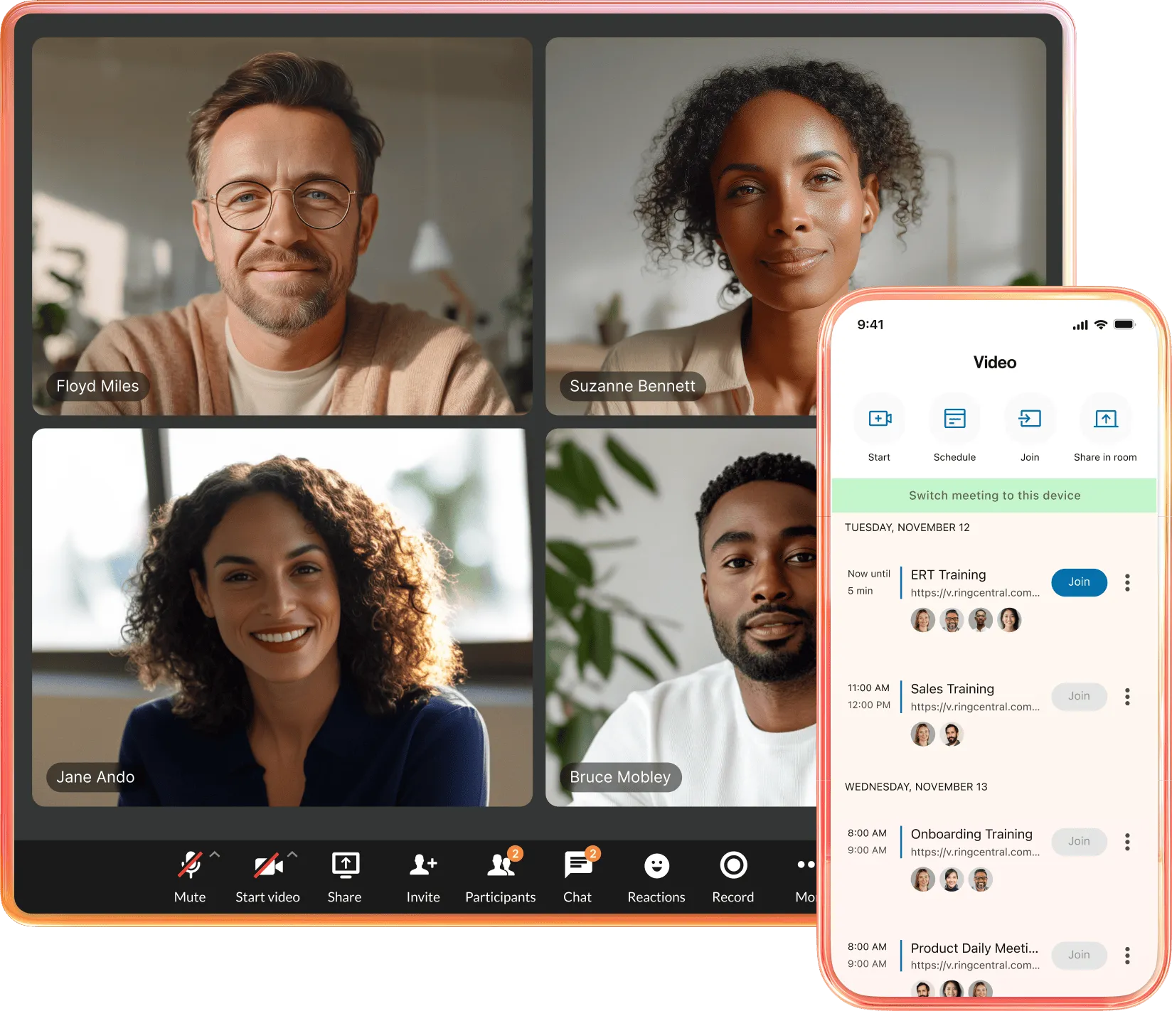 RingCentral video conferencing and scheduling interface on tablet and phone.