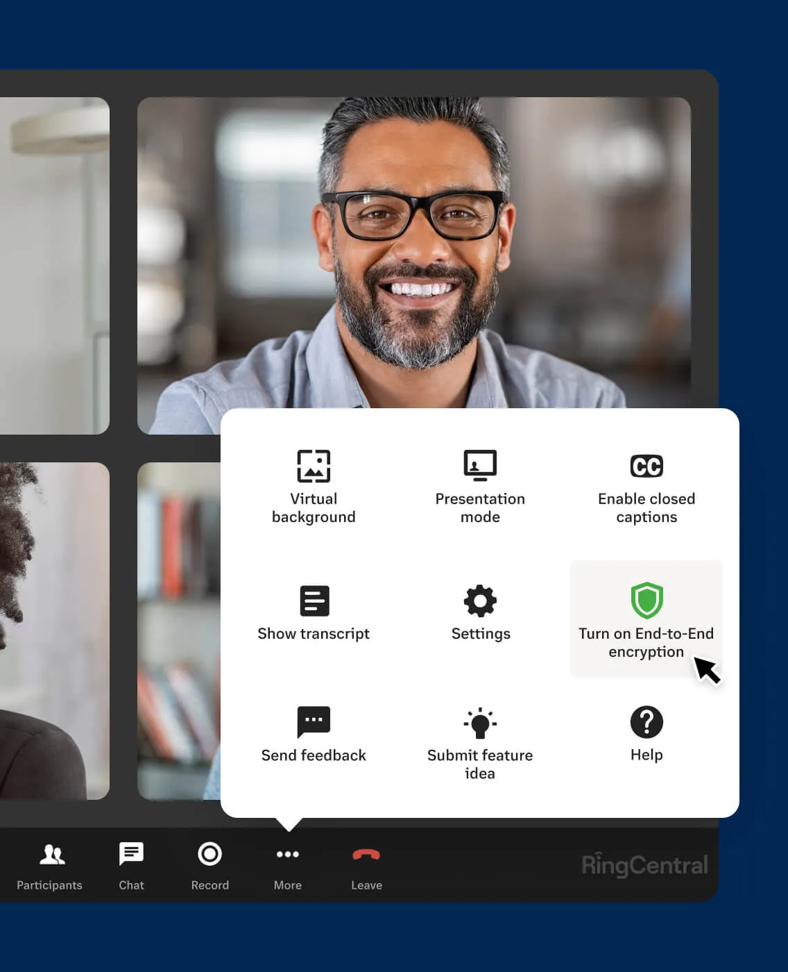 Meeting host using RingCentral Video's end-to-end encryption feature for secure video meetings